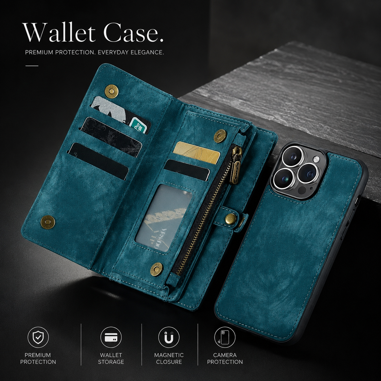 Premium iPhone Case Magnetic Wallet Cover Removable Leather Zipper Card Holder Lanyard Strap Shockproof Full Coverage Anti Scratch Protective Design