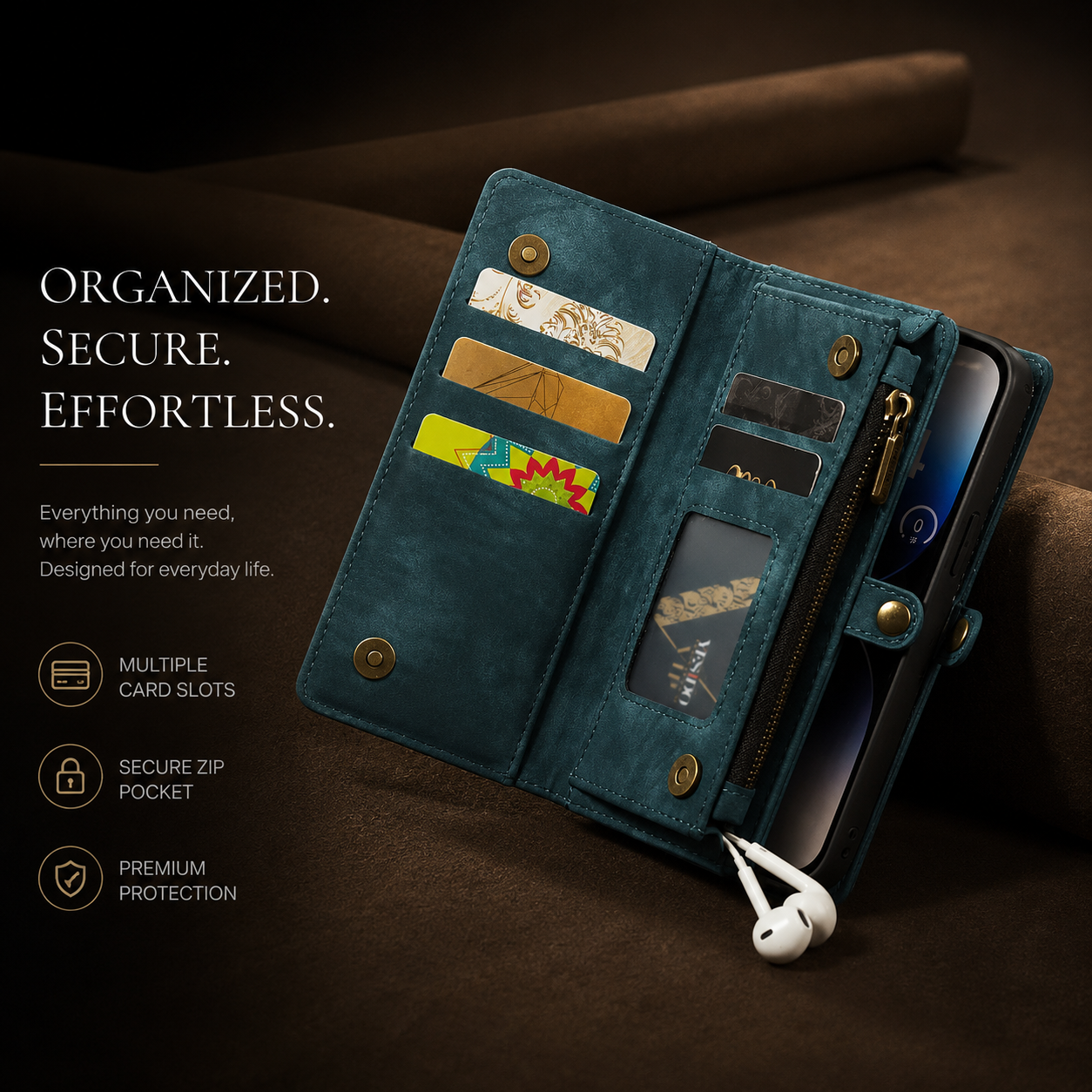 Premium iPhone Case Magnetic Wallet Cover Removable Leather Zipper Card Holder Lanyard Strap Shockproof Full Coverage Anti Scratch Protective Design