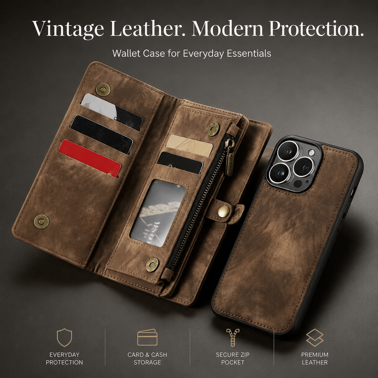 Premium iPhone Case Magnetic Wallet Cover Removable Leather Zipper Card Holder Lanyard Strap Shockproof Full Coverage Anti Scratch Protective Design
