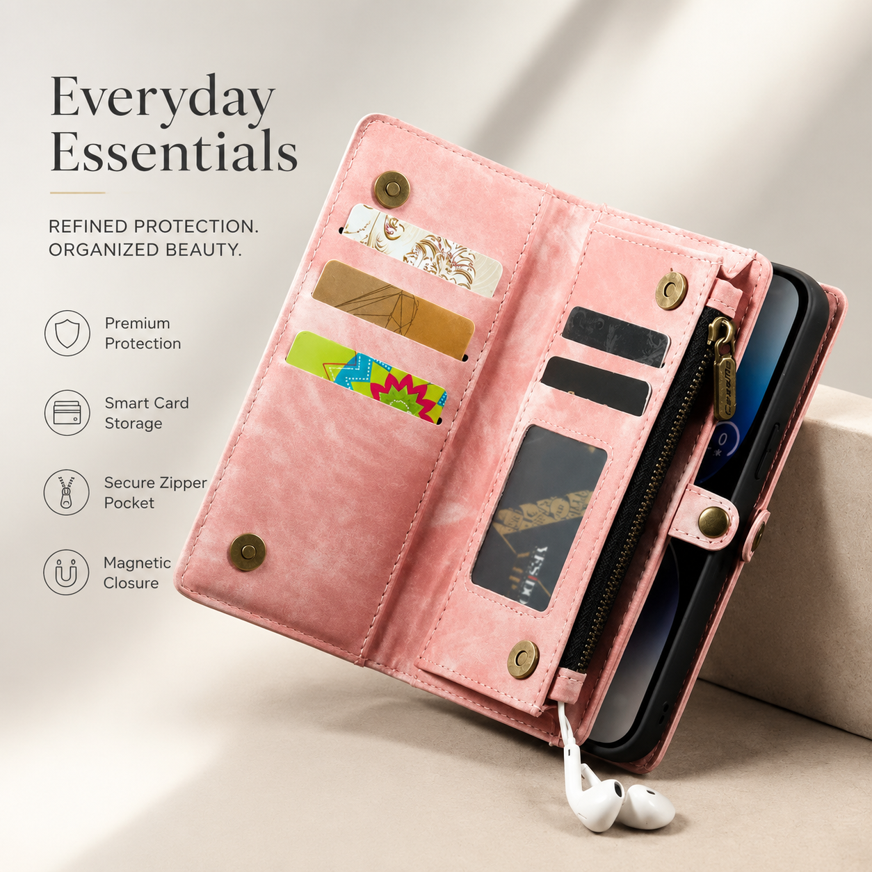 Premium iPhone Case Magnetic Wallet Cover Removable Leather Zipper Card Holder Lanyard Strap Shockproof Full Coverage Anti Scratch Protective Design