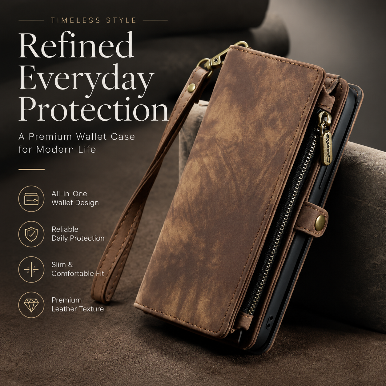Premium iPhone Case Magnetic Wallet Cover Removable Leather Zipper Card Holder Lanyard Strap Shockproof Full Coverage Anti Scratch Protective Design