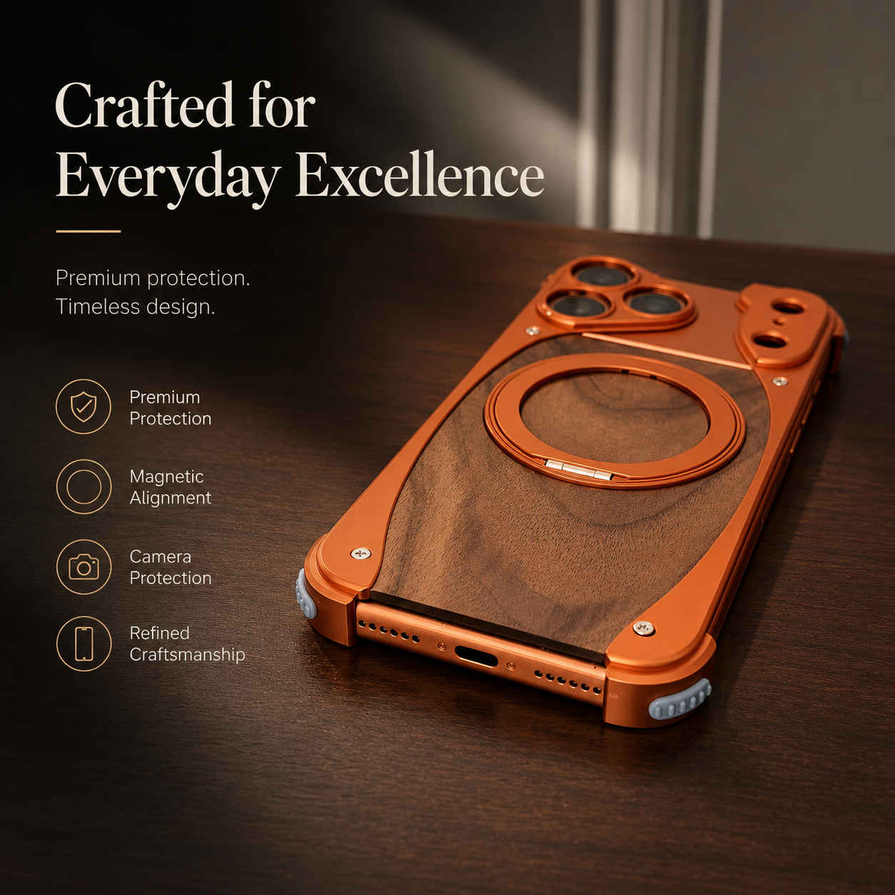 Premium iPhone Case Magnetic Walnut Wood Aluminum Cover Shockproof Built In Stand Camera Protection Slim Durable Full Coverage Design
