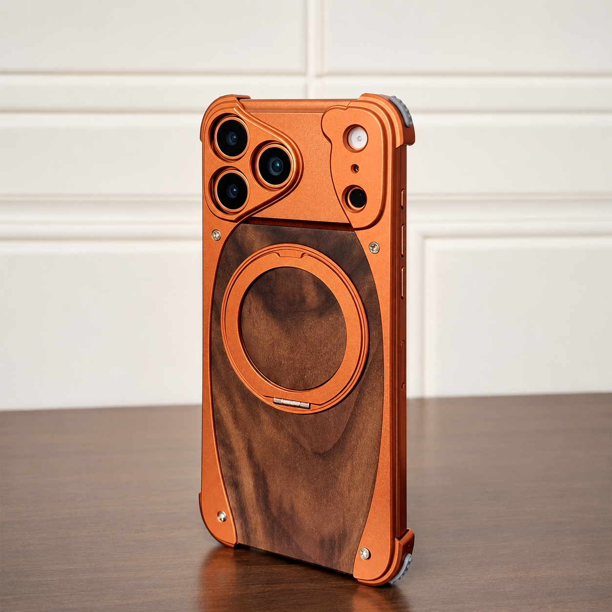Premium iPhone Case Magnetic Walnut Wood Aluminum Cover Shockproof Built In Stand Camera Protection Slim Durable Full Coverage Design