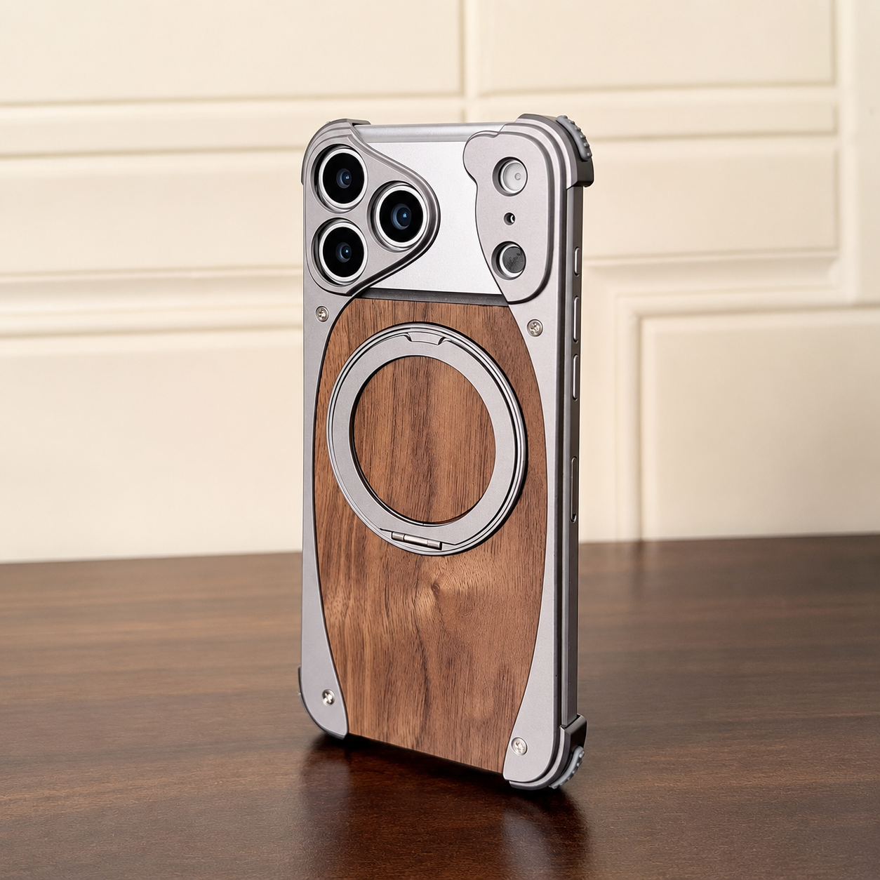 Premium iPhone Case Magnetic Walnut Wood Aluminum Cover Shockproof Built In Stand Camera Protection Slim Durable Full Coverage Design