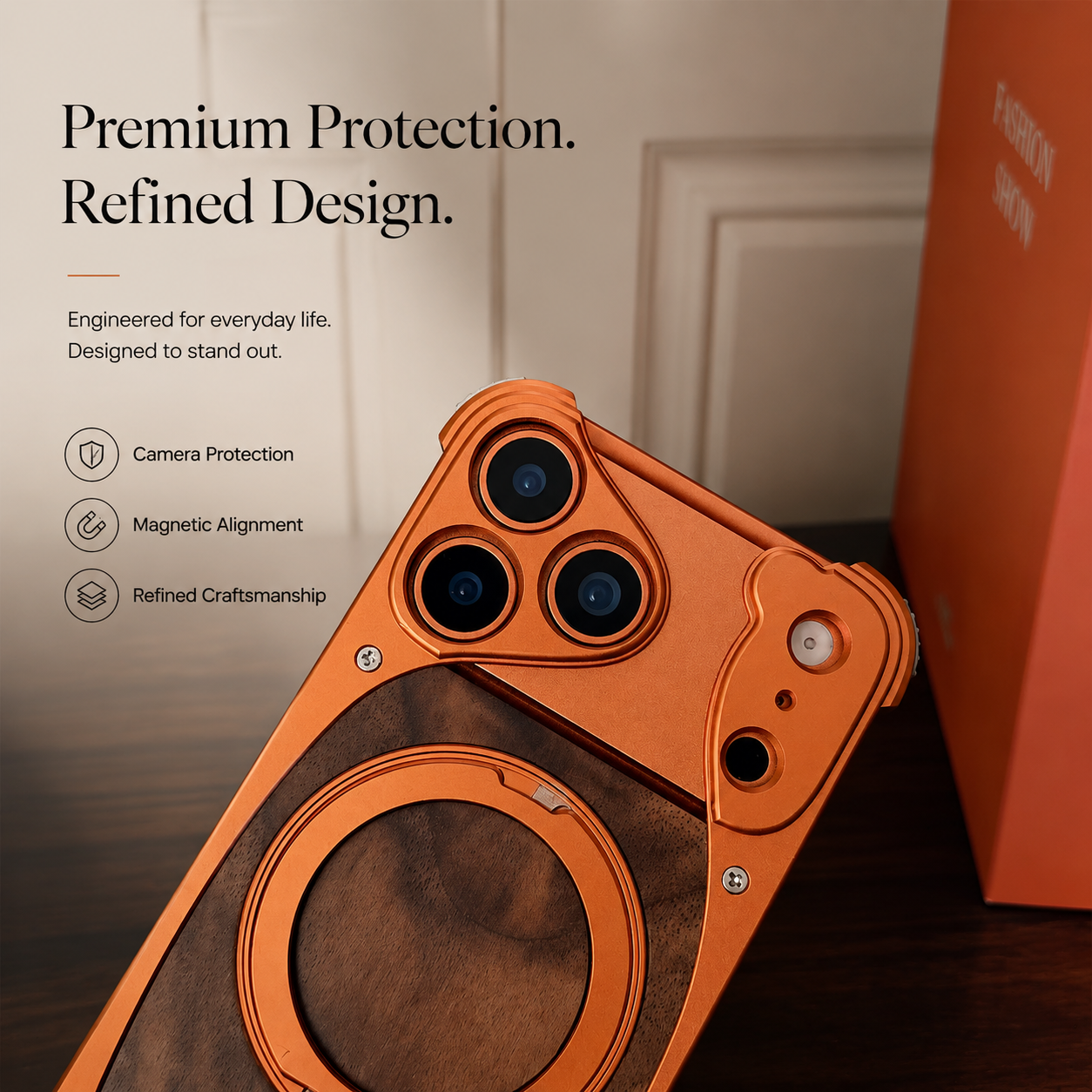 Premium iPhone Case Magnetic Walnut Wood Aluminum Cover Shockproof Built In Stand Camera Protection Slim Durable Full Coverage Design