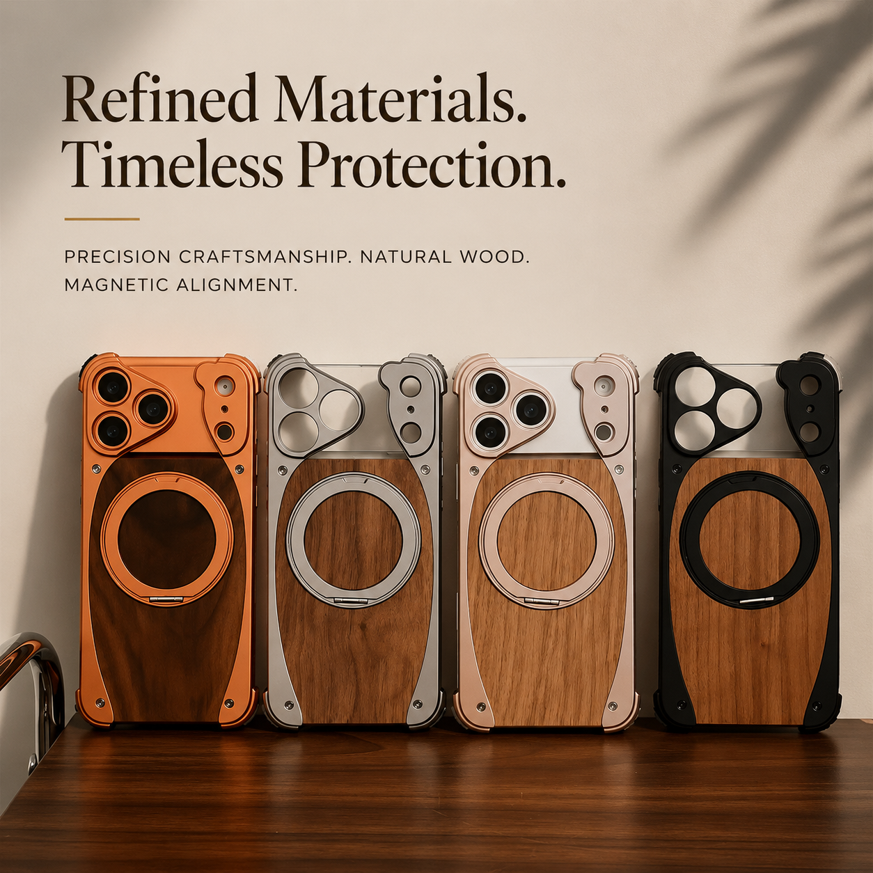 Premium iPhone Case Magnetic Walnut Wood Aluminum Cover Shockproof Built In Stand Camera Protection Slim Durable Full Coverage Design