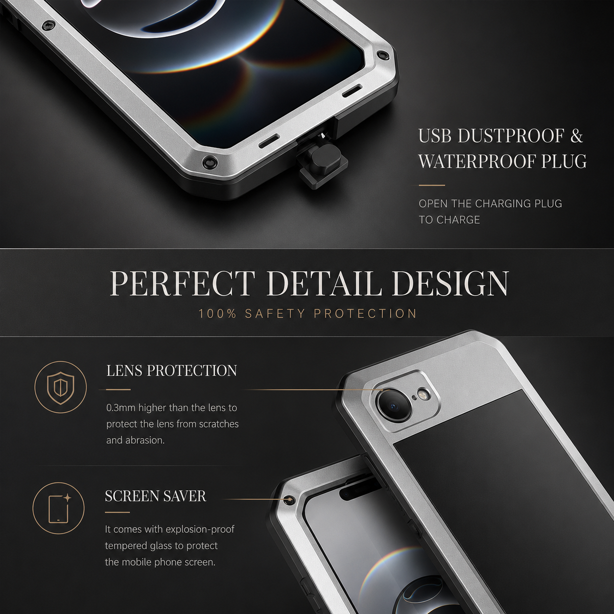 Premium iPhone Case Metal Shockproof Protective Cover Built In Glass Screen Protector Dual Layer PC TPU Rugged Heavy Duty Anti Slip Full Coverage
