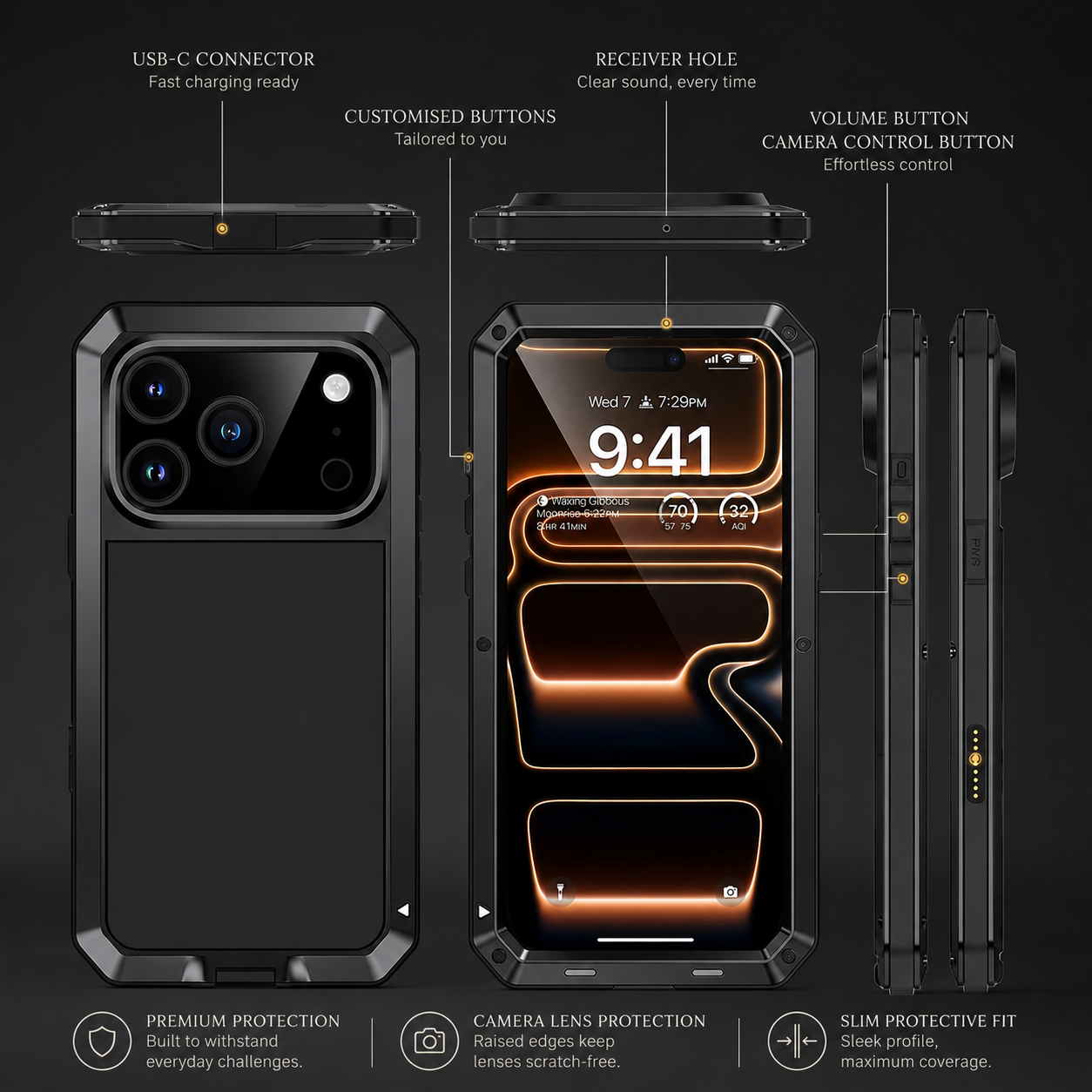 Premium iPhone Case Metal Shockproof Protective Cover Built In Glass Screen Protector Dual Layer PC TPU Rugged Heavy Duty Anti Slip Full Coverage