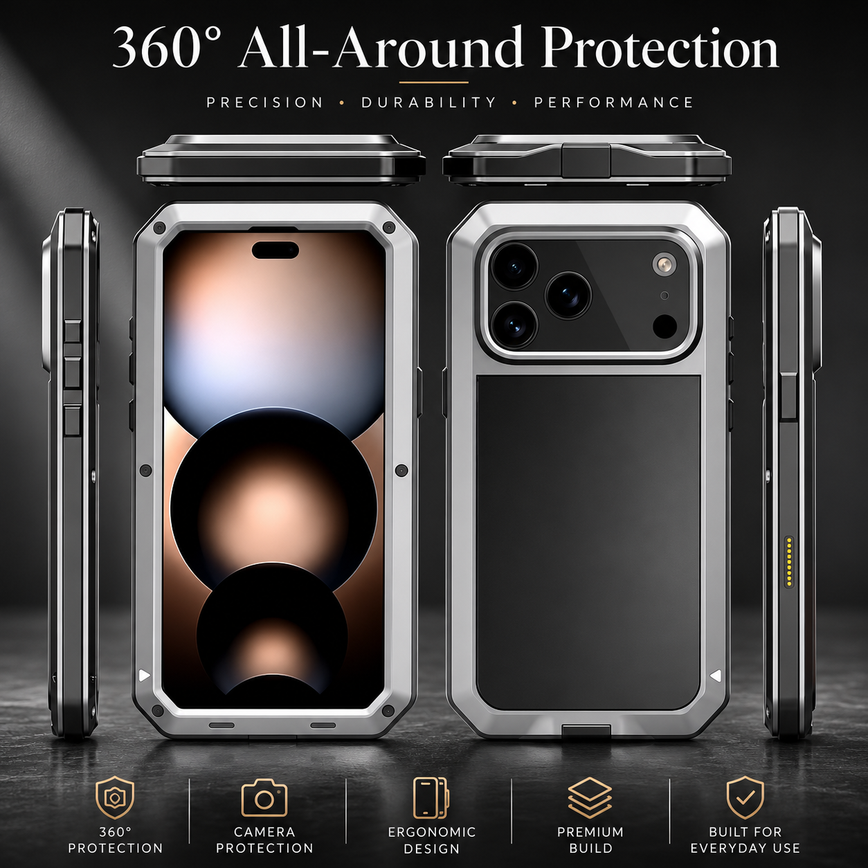 Premium iPhone Case Metal Shockproof Protective Cover Built In Glass Screen Protector Dual Layer PC TPU Rugged Heavy Duty Anti Slip Full Coverage