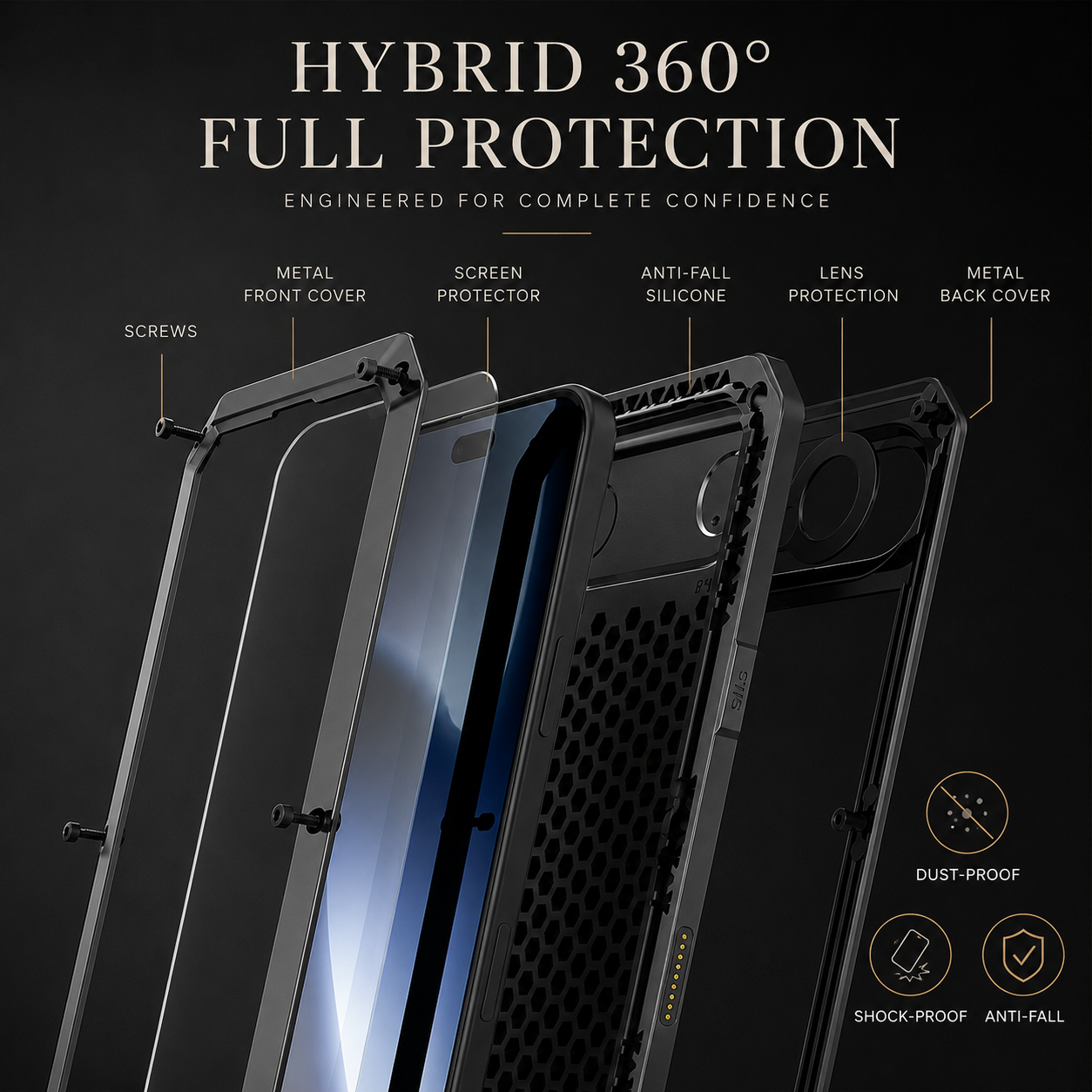 Premium iPhone Case Metal Shockproof Protective Cover Built In Glass Screen Protector Dual Layer PC TPU Rugged Heavy Duty Anti Slip Full Coverage
