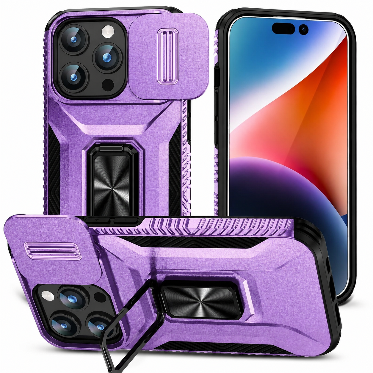 Premium iPhone Case Military Grade Shockproof Protective Cover Slide Camera Lens Protection Rotary Stand Anti Slip Rugged Dual Layer PC TPU Design
