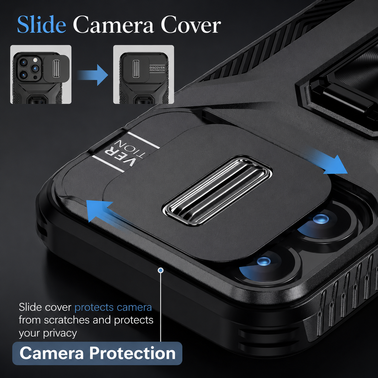 Premium iPhone Case Military Grade Shockproof Protective Cover Slide Camera Lens Protection Rotary Stand Anti Slip Rugged Dual Layer PC TPU Design