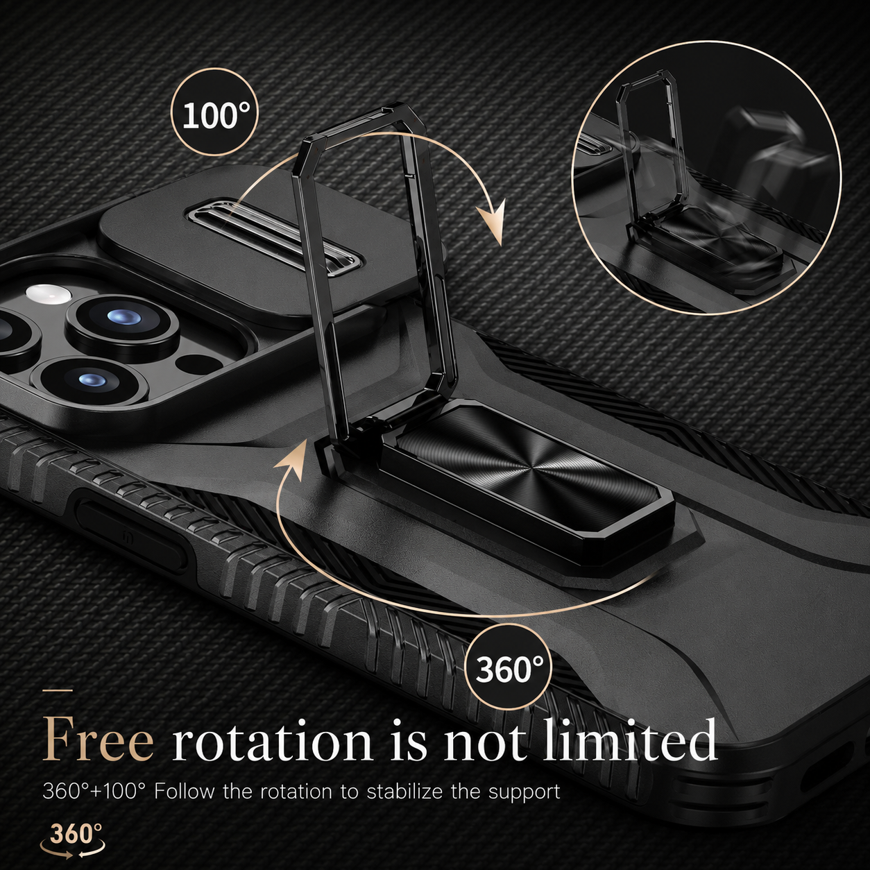 Premium iPhone Case Military Grade Shockproof Protective Cover Slide Camera Lens Protection Rotary Stand Anti Slip Rugged Dual Layer PC TPU Design