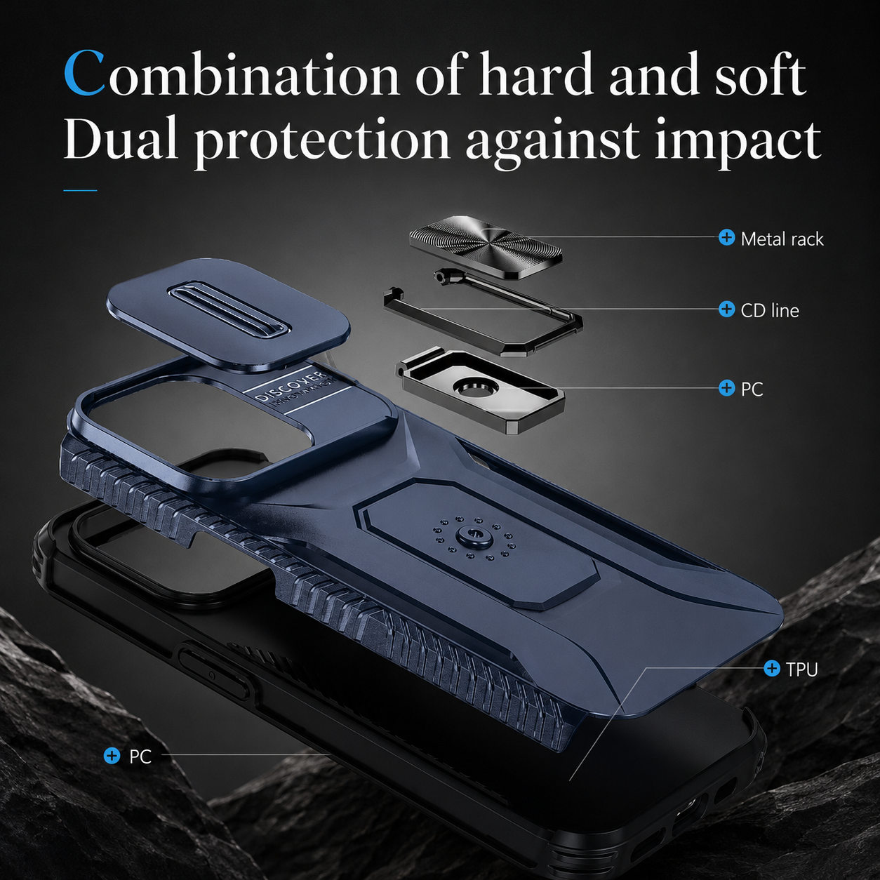 Premium iPhone Case Military Grade Shockproof Protective Cover Slide Camera Lens Protection Rotary Stand Anti Slip Rugged Dual Layer PC TPU Design