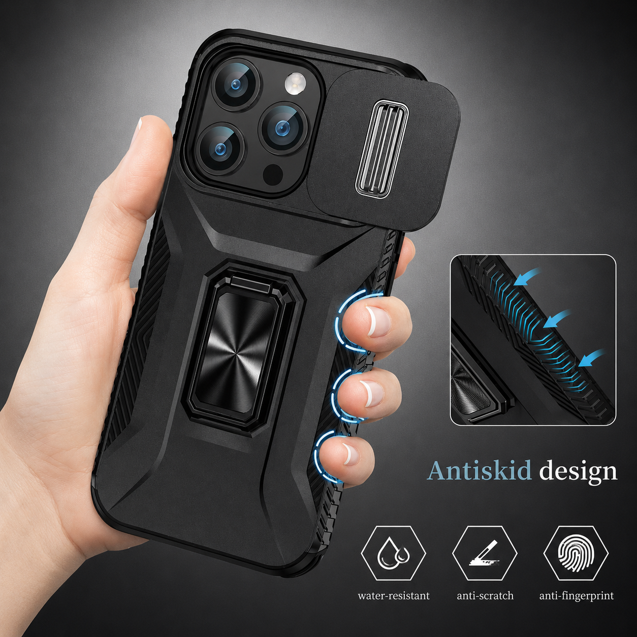 Premium iPhone Case Military Grade Shockproof Protective Cover Slide Camera Lens Protection Rotary Stand Anti Slip Rugged Dual Layer PC TPU Design