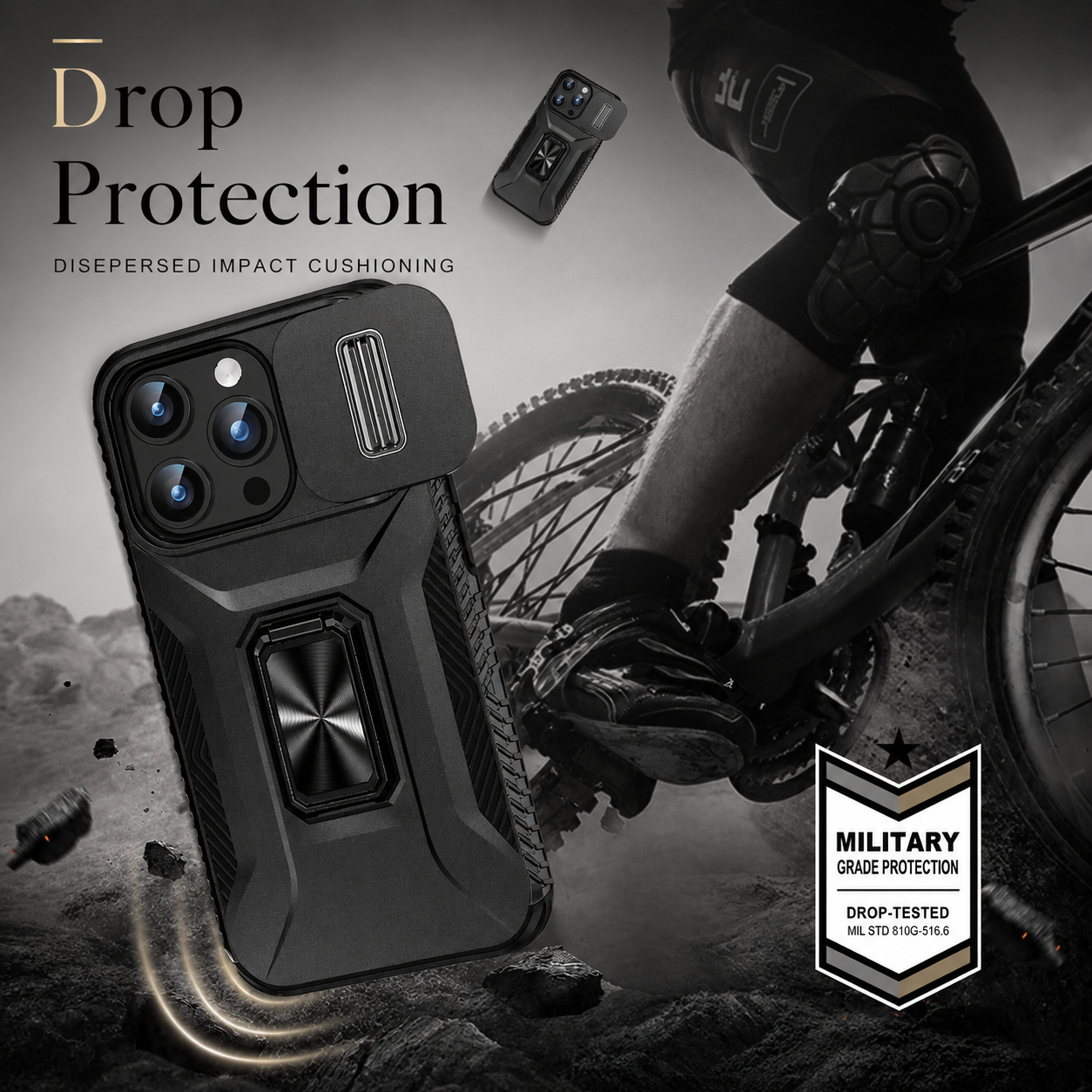 Premium iPhone Case Military Grade Shockproof Protective Cover Slide Camera Lens Protection Rotary Stand Anti Slip Rugged Dual Layer PC TPU Design