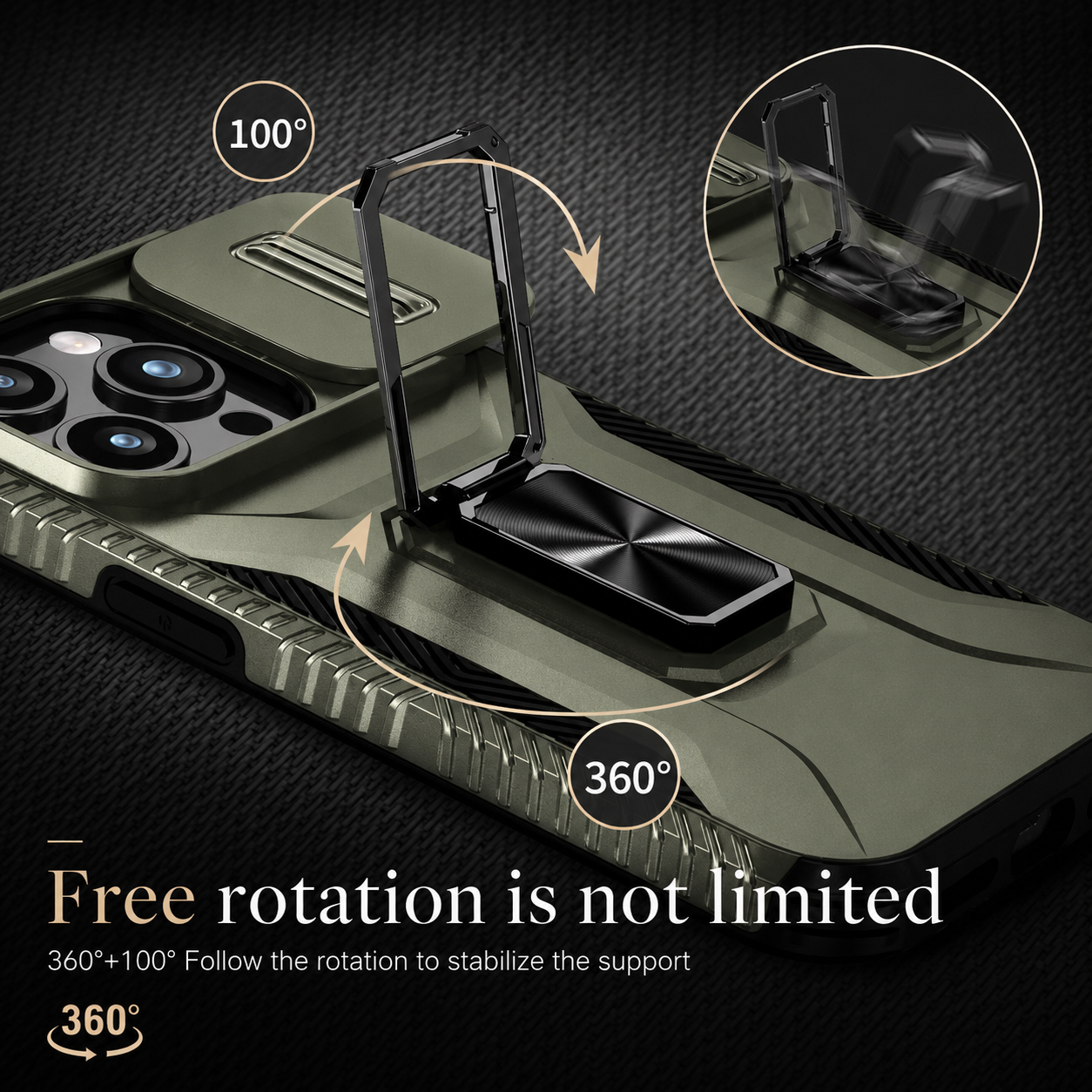 Premium iPhone Case Military Grade Shockproof Protective Cover Slide Camera Lens Protection Rotary Stand Anti Slip Rugged Dual Layer PC TPU Design