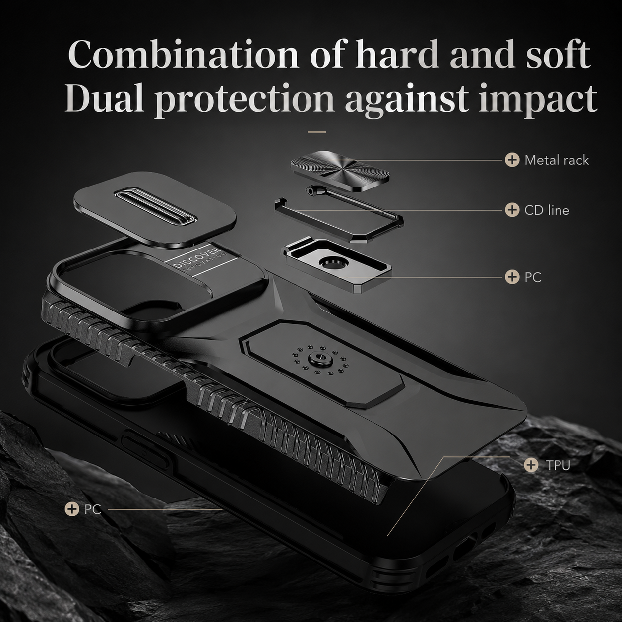 Premium iPhone Case Military Grade Shockproof Protective Cover Slide Camera Lens Protection Rotary Stand Anti Slip Rugged Dual Layer PC TPU Design