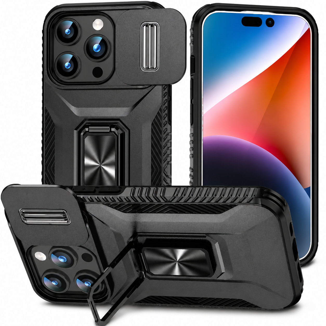 Premium iPhone Case Military Grade Shockproof Protective Cover Slide Camera Lens Protection Rotary Stand Anti Slip Rugged Dual Layer PC TPU Design