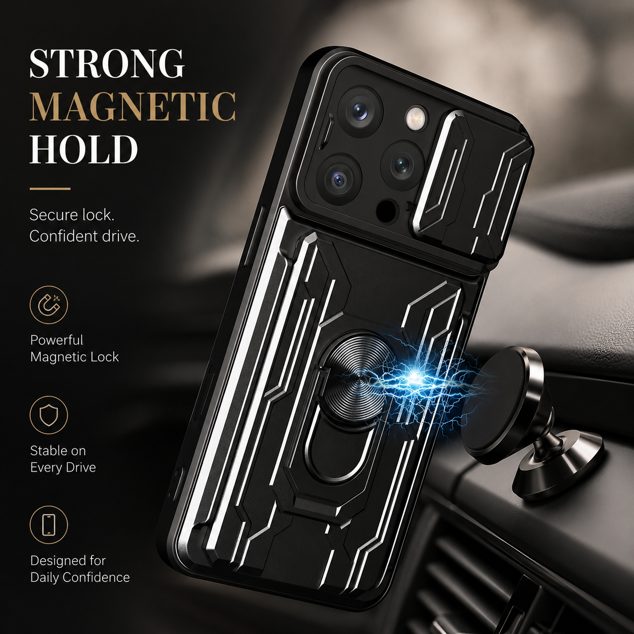 Premium iPhone Case Rugged Armor Cover Shockproof Dual Layer Card Holder 360 Ring Stand Magnetic Mount Full Edge Protection Protective Cover