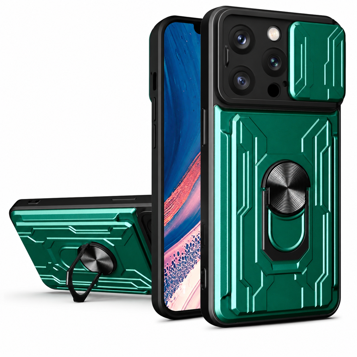Premium iPhone Case Rugged Armor Cover Shockproof Dual Layer Card Holder 360 Ring Stand Magnetic Mount Full Edge Protection Protective Cover