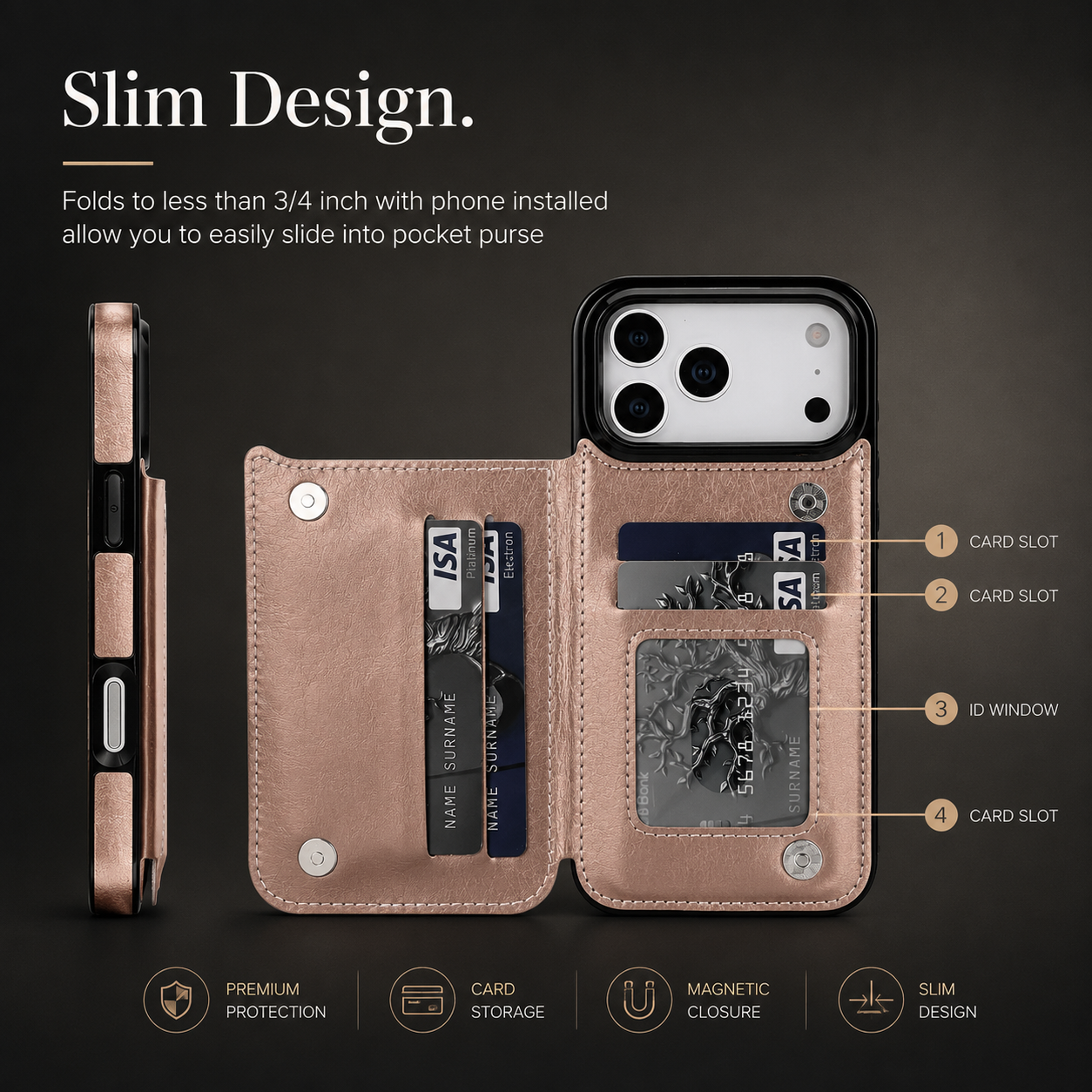 Premium iPhone Case Wallet Cover Card Holder Faux Leather Kickstand Double Magnetic Clasp Shockproof Full Coverage Slim Protective Design