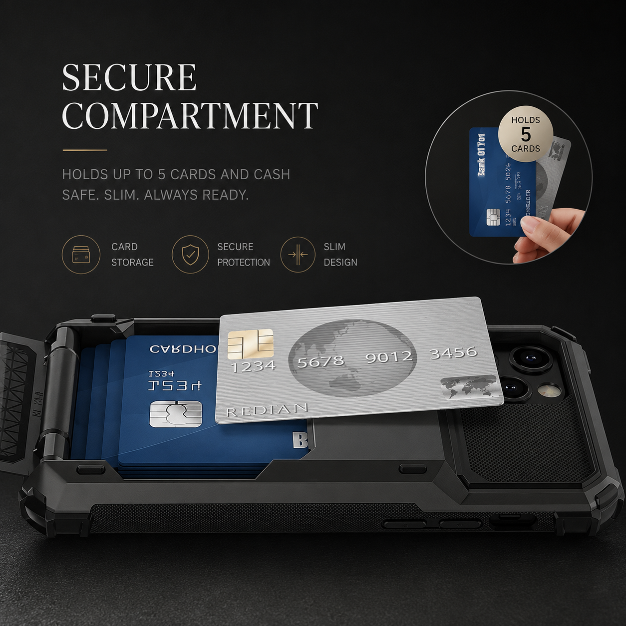 Premium iPhone Case Wallet Cover Hidden Card Holder Dual Layer Shockproof Armor Anti Scratch Raised Camera Protection Slim Full Coverage Design