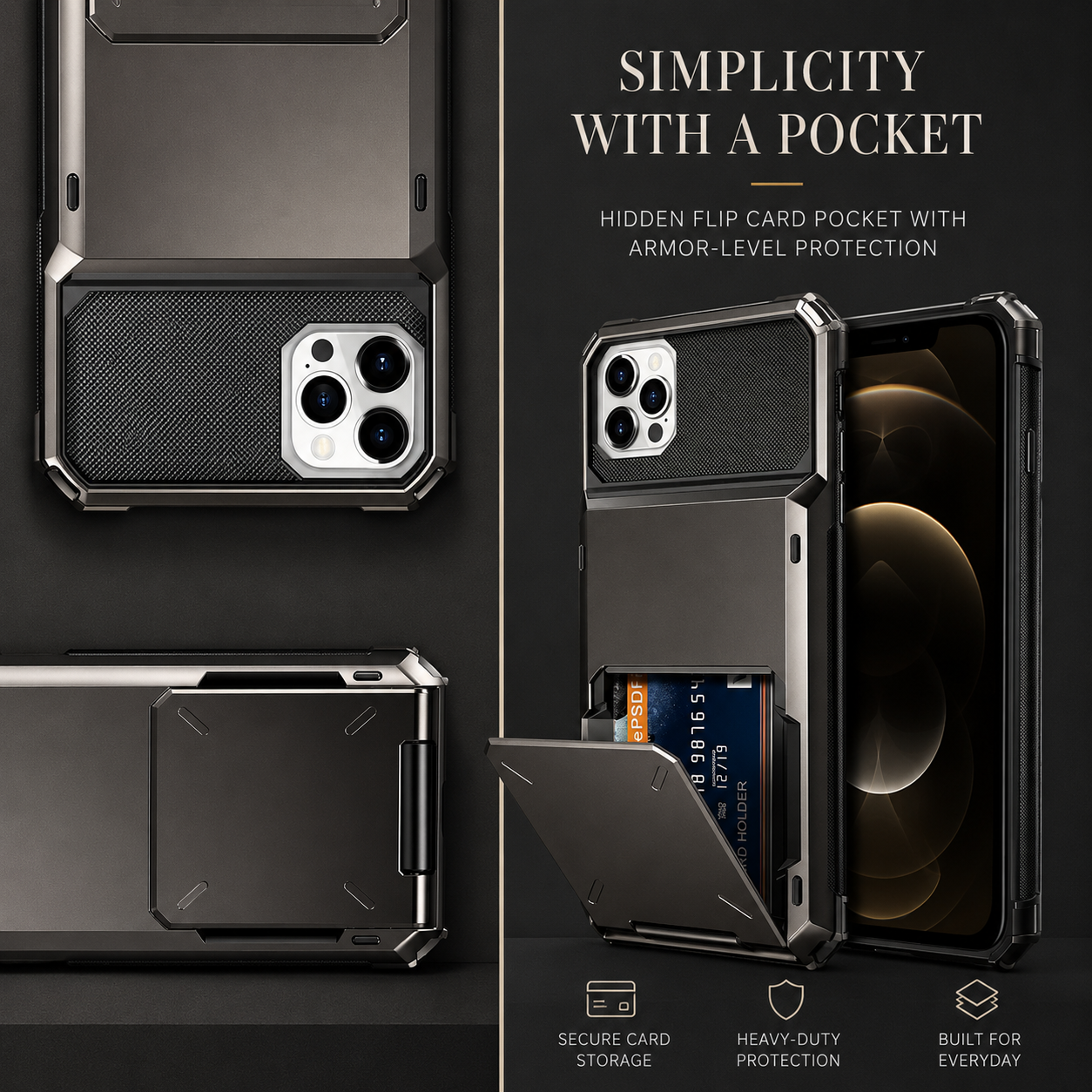 Premium iPhone Case Wallet Cover Hidden Card Holder Dual Layer Shockproof Armor Anti Scratch Raised Camera Protection Slim Full Coverage Design