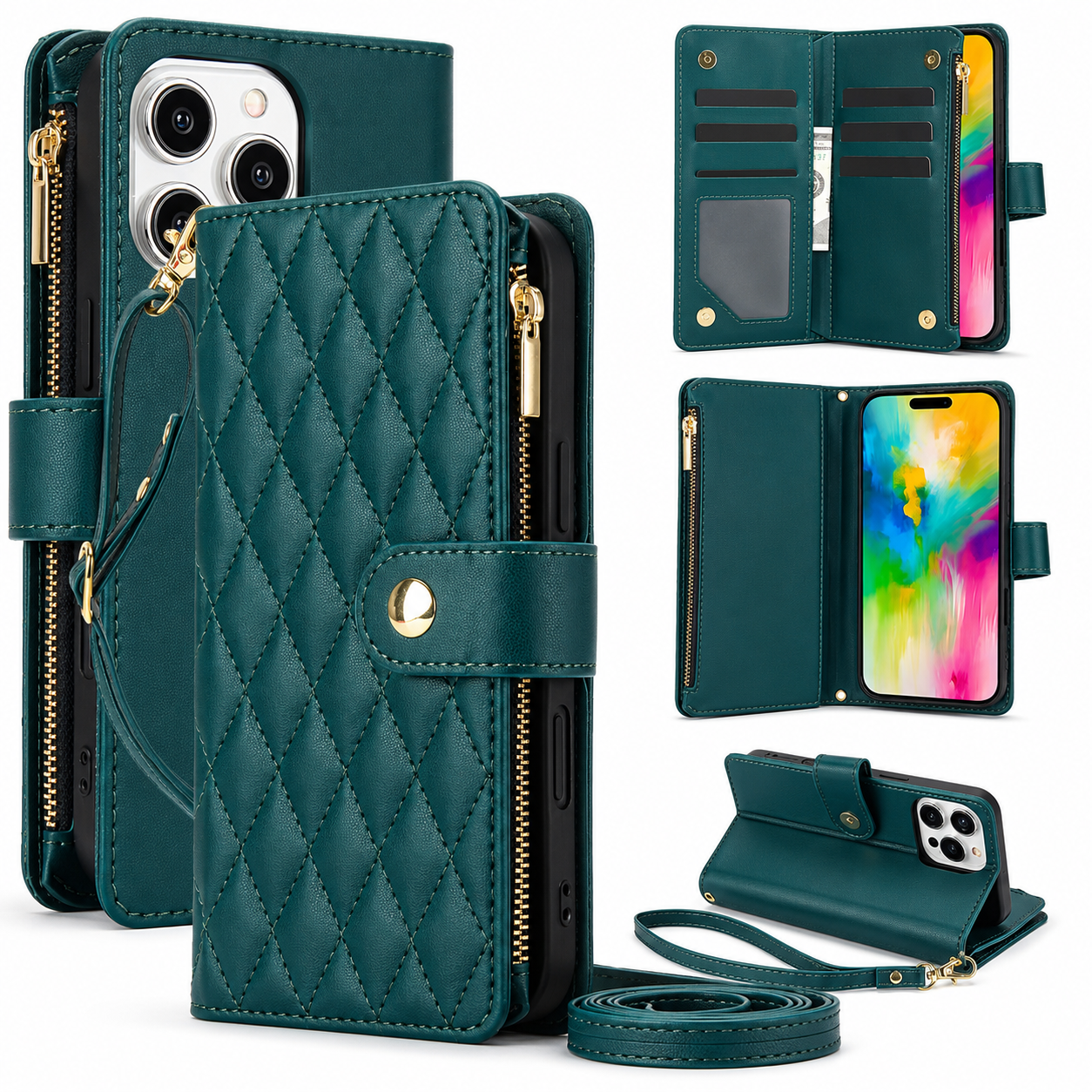 Premium iPhone Case Wallet Flip Cover Magnetic Zipper Card Holder Leather Chain Strap Shockproof Anti Scratch Full Coverage Protective Design
