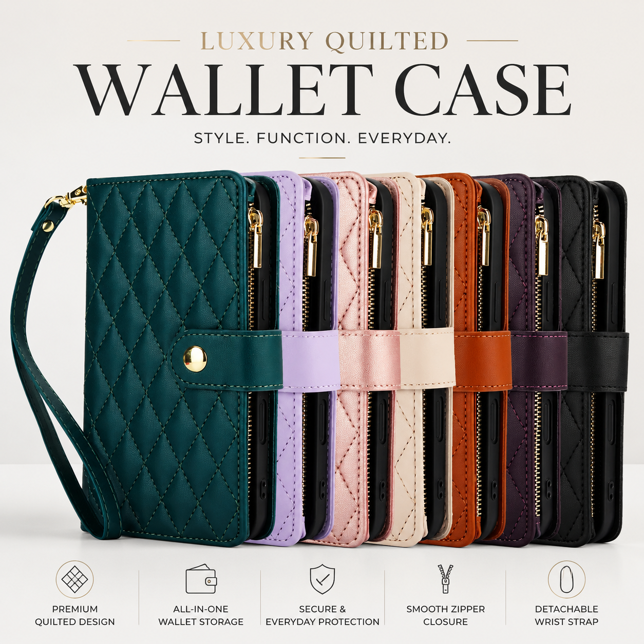 Premium iPhone Case Wallet Flip Cover Magnetic Zipper Card Holder Leather Chain Strap Shockproof Anti Scratch Full Coverage Protective Design