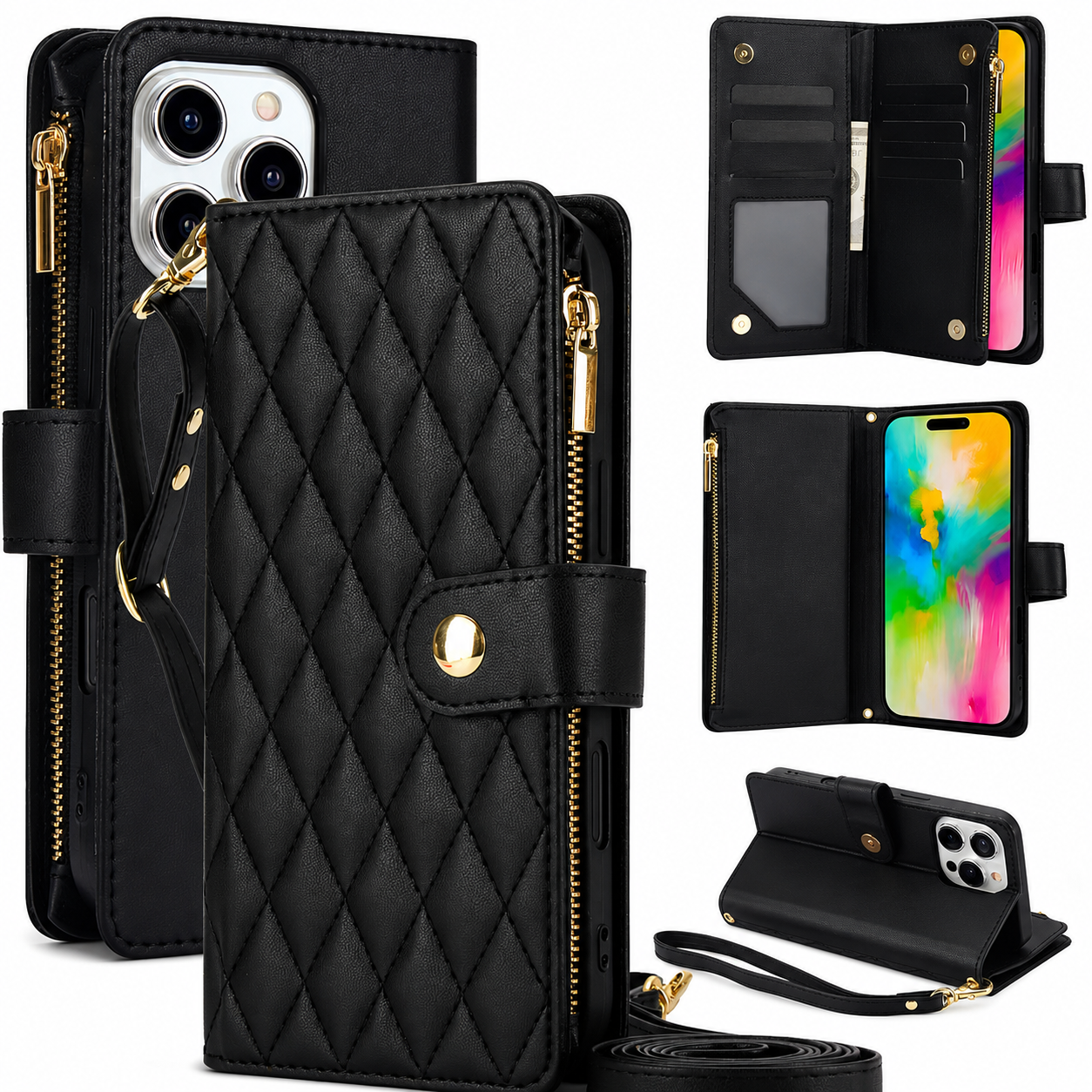 Premium iPhone Case Wallet Flip Cover Magnetic Zipper Card Holder Leather Chain Strap Shockproof Anti Scratch Full Coverage Protective Design