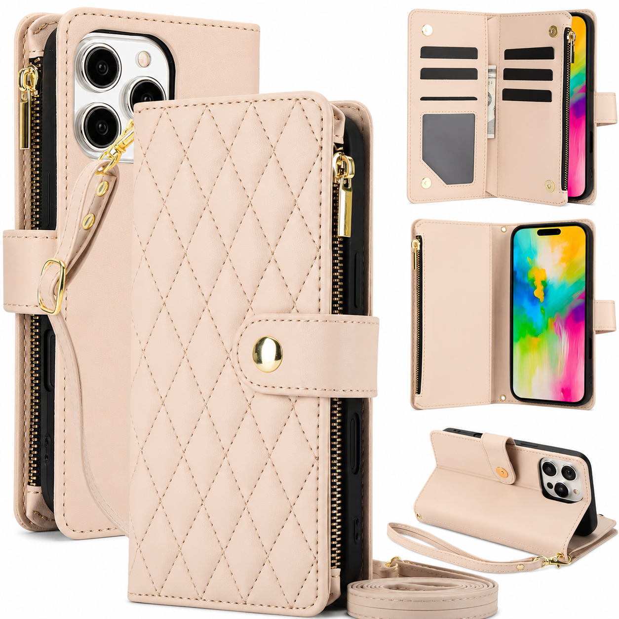 Premium iPhone Case Wallet Flip Cover Magnetic Zipper Card Holder Leather Chain Strap Shockproof Anti Scratch Full Coverage Protective Design