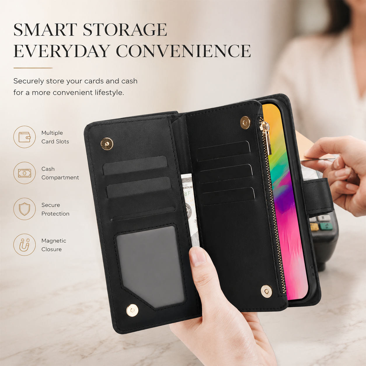 Premium iPhone Case Wallet Flip Cover Magnetic Zipper Card Holder Leather Chain Strap Shockproof Anti Scratch Full Coverage Protective Design