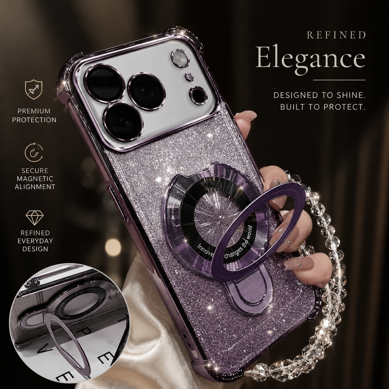 Premium iPhone Case Glitter Magnetic Bracelet Cover MagSafe Kickstand Shockproof Dual Layer Anti Fingerprint Non Slip Full Coverage Protective Design