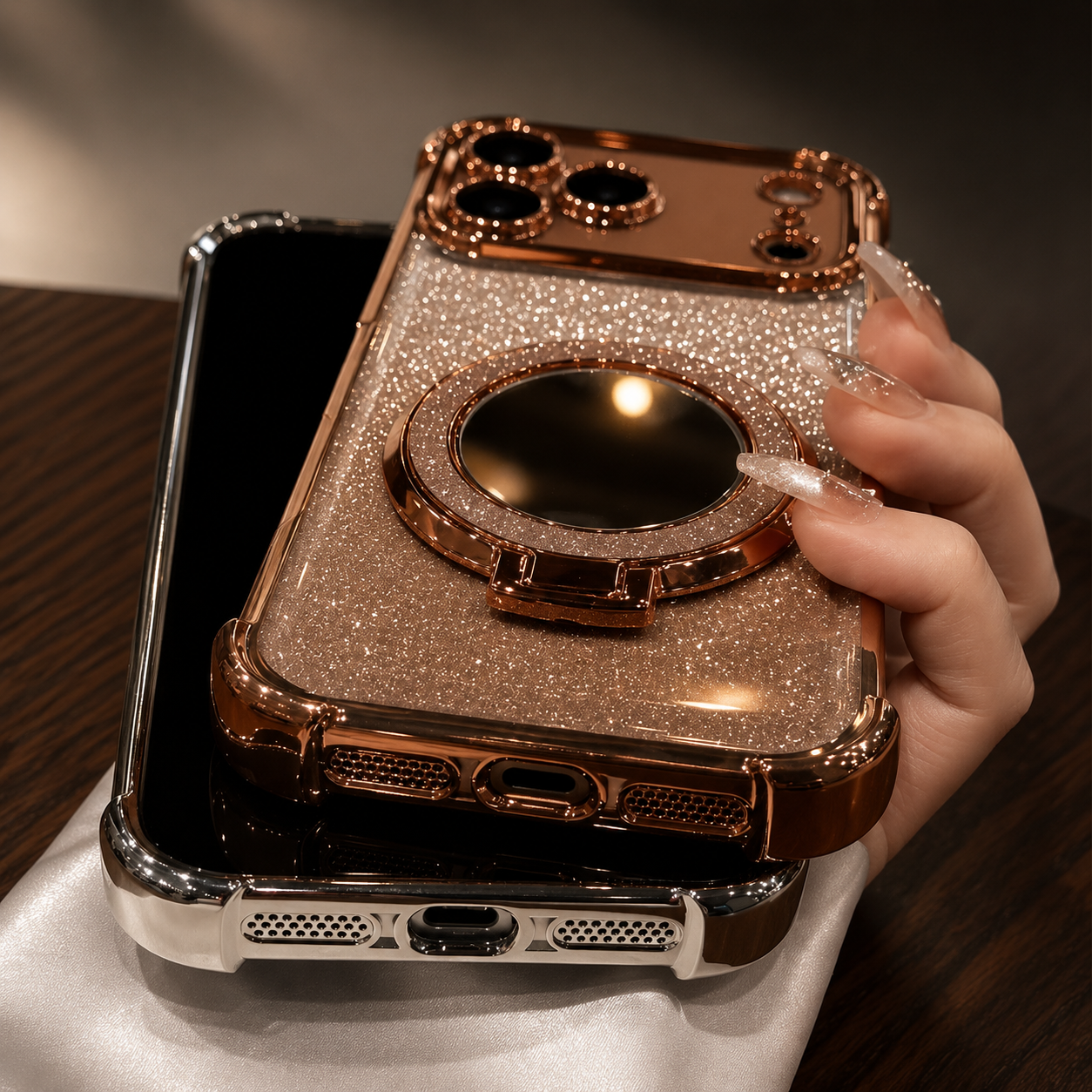 Premium iPhone Case Glitter Mirror Magnetic Bracket Cover Shockproof Silicone Non Slip Anti Scratch Full Coverage Stand Holder Protective Design
