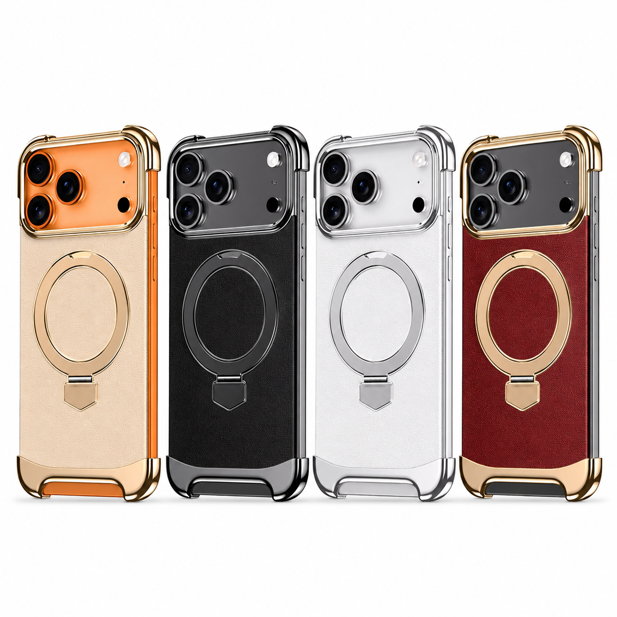 Premium iPhone Case MagSafe Compatible Frameless Magnetic Leather Back Metal Bumper Stand Shockproof Camera Lens Guard Ultra Thin Design
