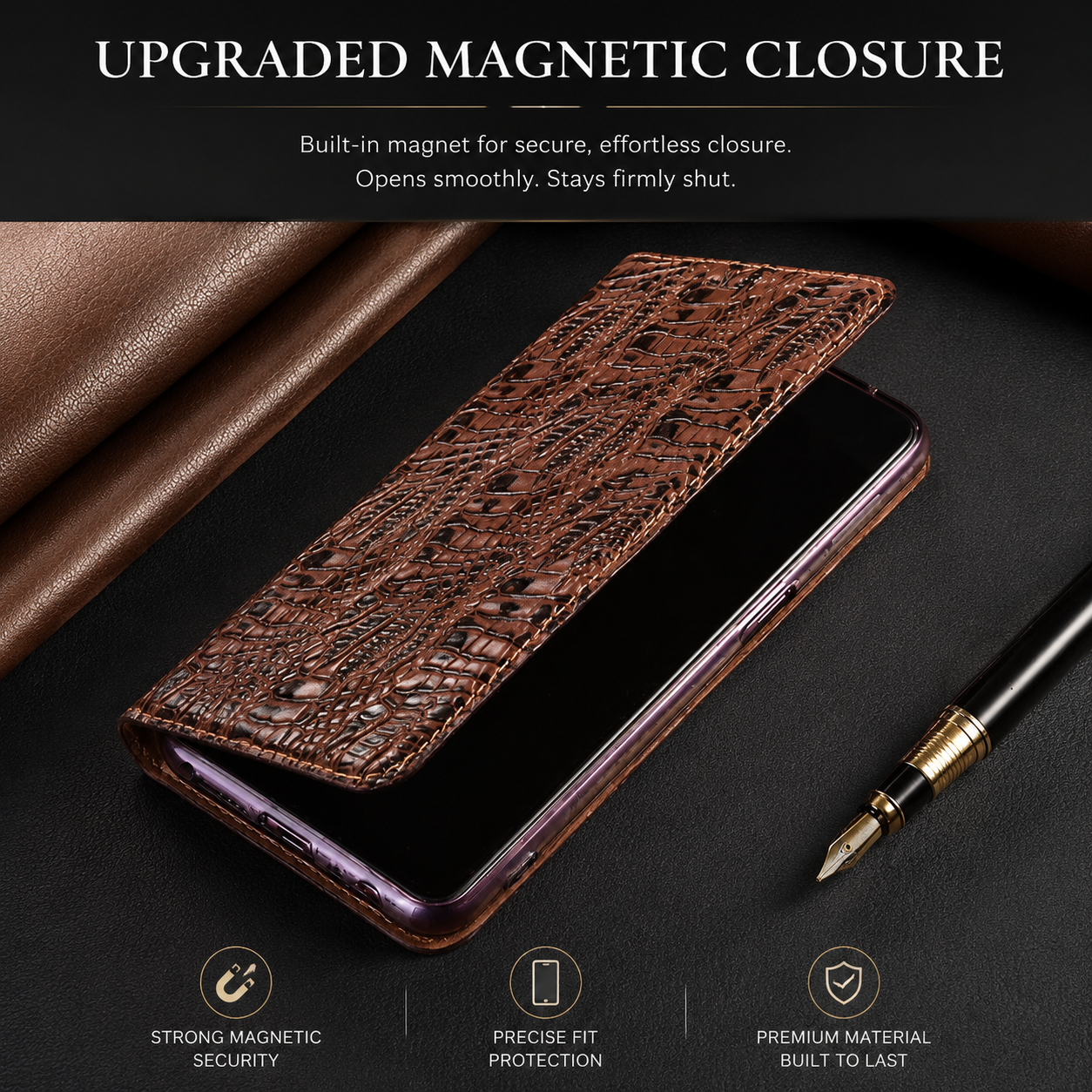 Premium iPhone Case Genuine Leather Wallet Flip Cover Card Holder Crocodile Texture Shockproof Protective Cover Anti Scratch Slim Full Protection