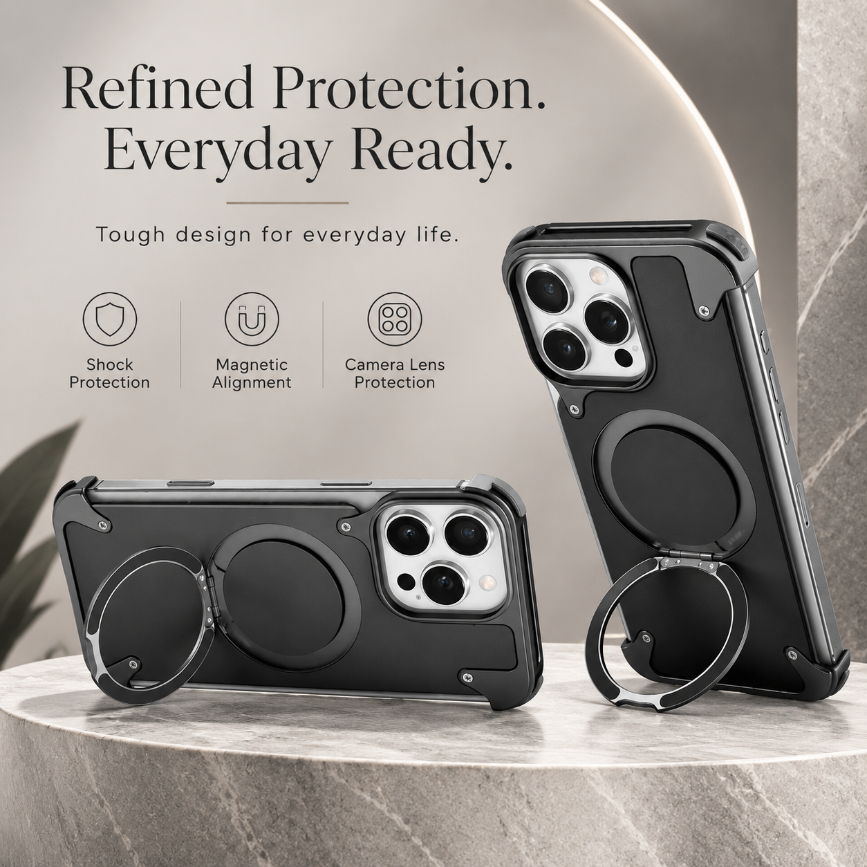 Premium iPhone Case Genuine Leather Magnetic Cover MagSafe Compatible Frameless Rotating Stand Ring Shockproof Anti Drop Protection Slim Profile