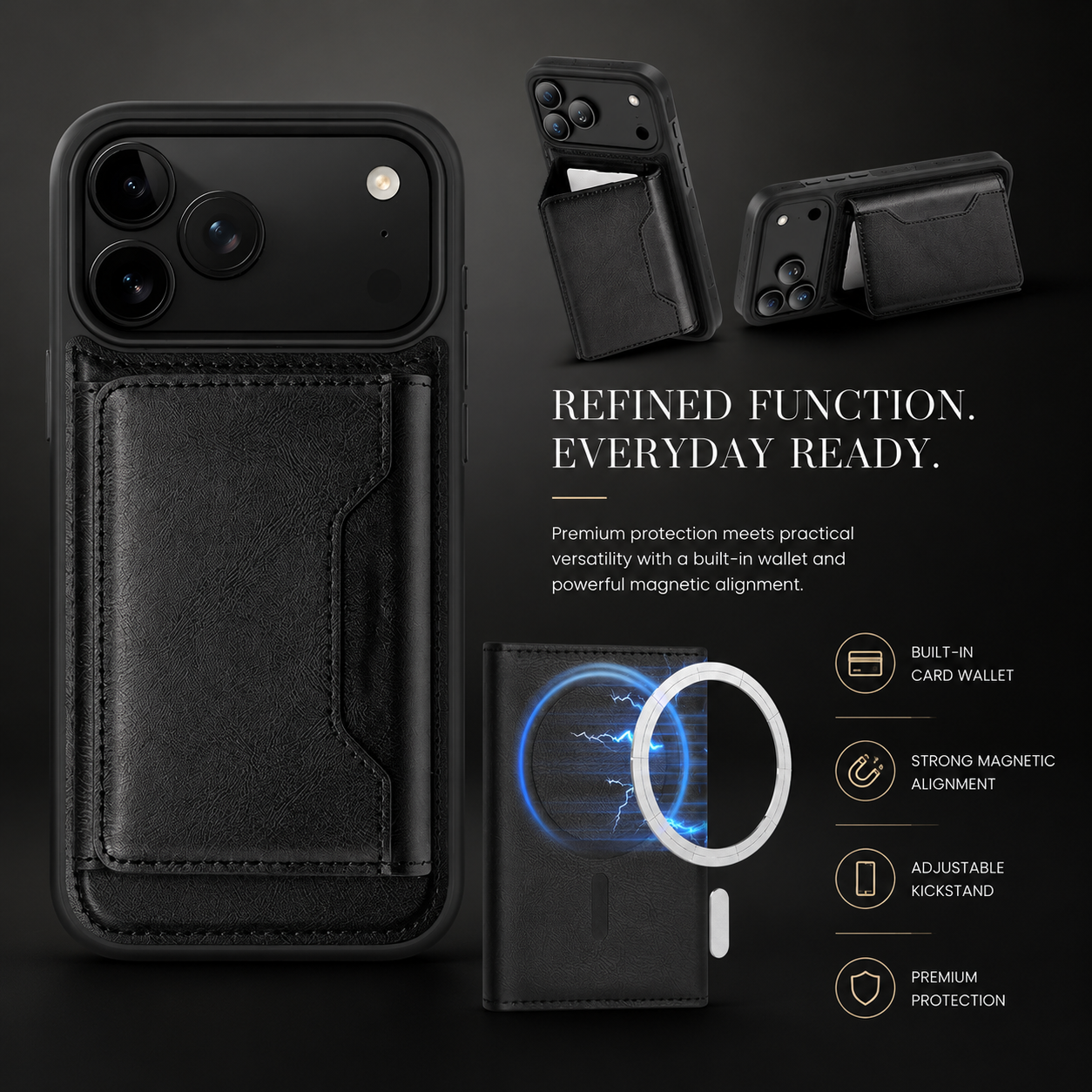 Premium iPhone Case MagSafe Compatible PU Leather Wallet Cover Card Holder Magnetic Shockproof Protective Anti Scratch Non Slip Full Coverage Design