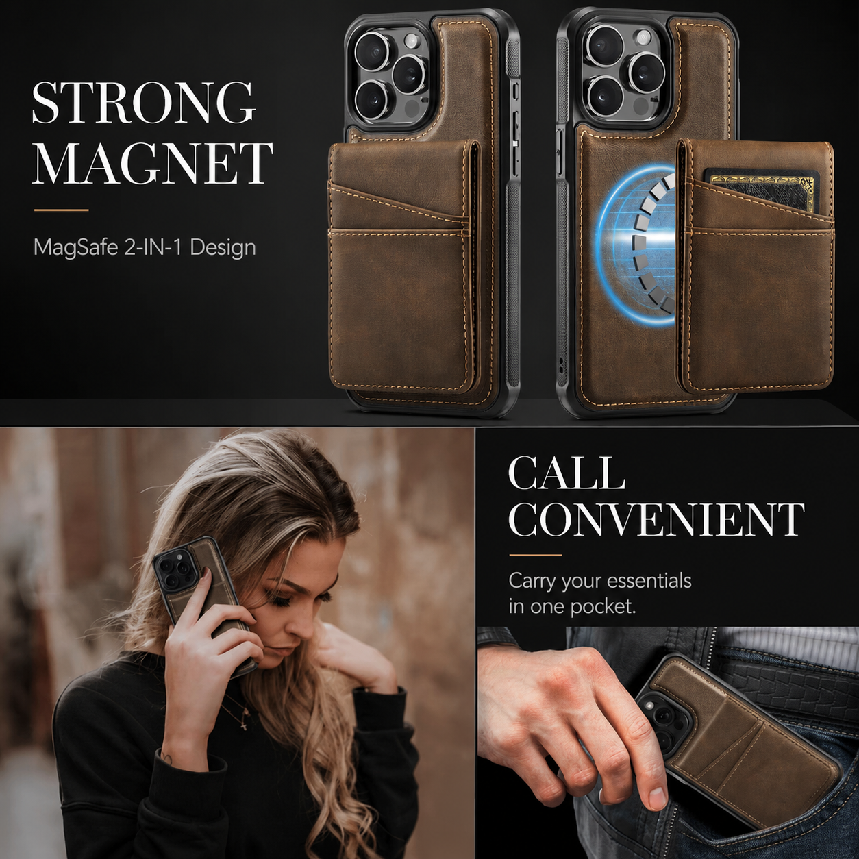 Premium iPhone Case Magnetic Detachable Wallet Flip Cover PU Leather Card Holder Cash Pocket Wrist Strap Shockproof Full Coverage Protective Design
