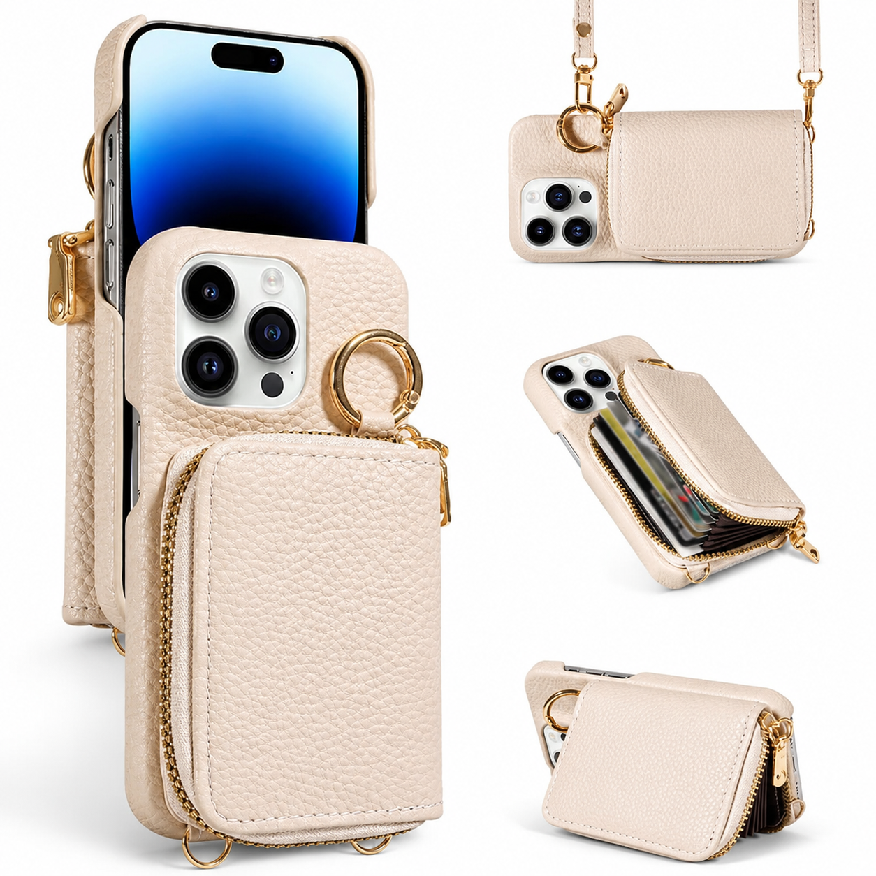 Premium iPhone Case Leather Wallet Crossbody Cover MagSafe Compatible Card Holder Zipper Pocket Magnetic Closure Shockproof Full Coverage Lanyard Strap