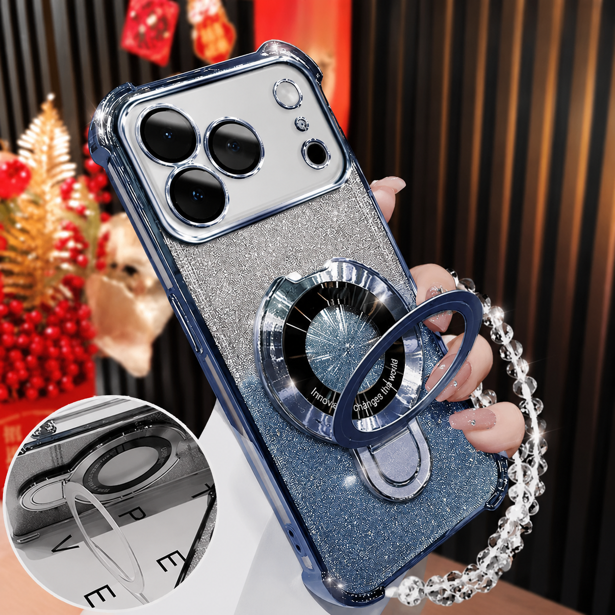 Premium iPhone Case Glitter Magnetic Bracelet Cover MagSafe Kickstand Shockproof Dual Layer Anti Fingerprint Non Slip Full Coverage Protective Design