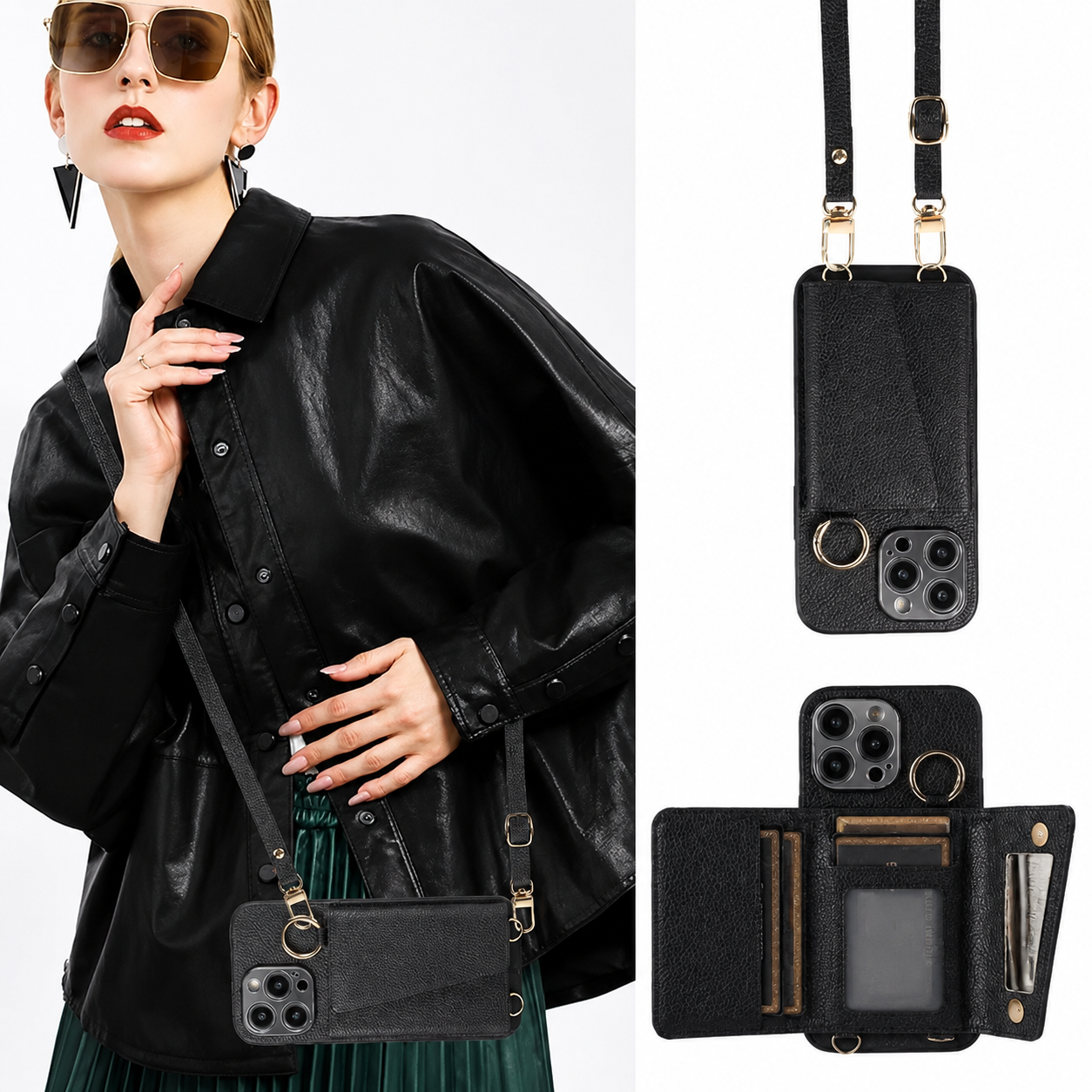 Premium iPhone Case MagSafe Compatible Magnetic Crossbody Wallet Cover PU Leather Card Holder Finger Ring Stand Strap Shockproof Full Coverage Design