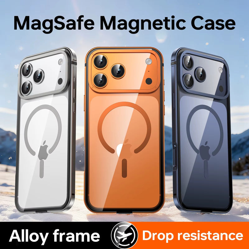 Premium iPhone Case MagSafe Compatible Magnetic Clear Back Aluminum Frame Shockproof Protective Cover Camera Lens Guard Slim Full Coverage Design