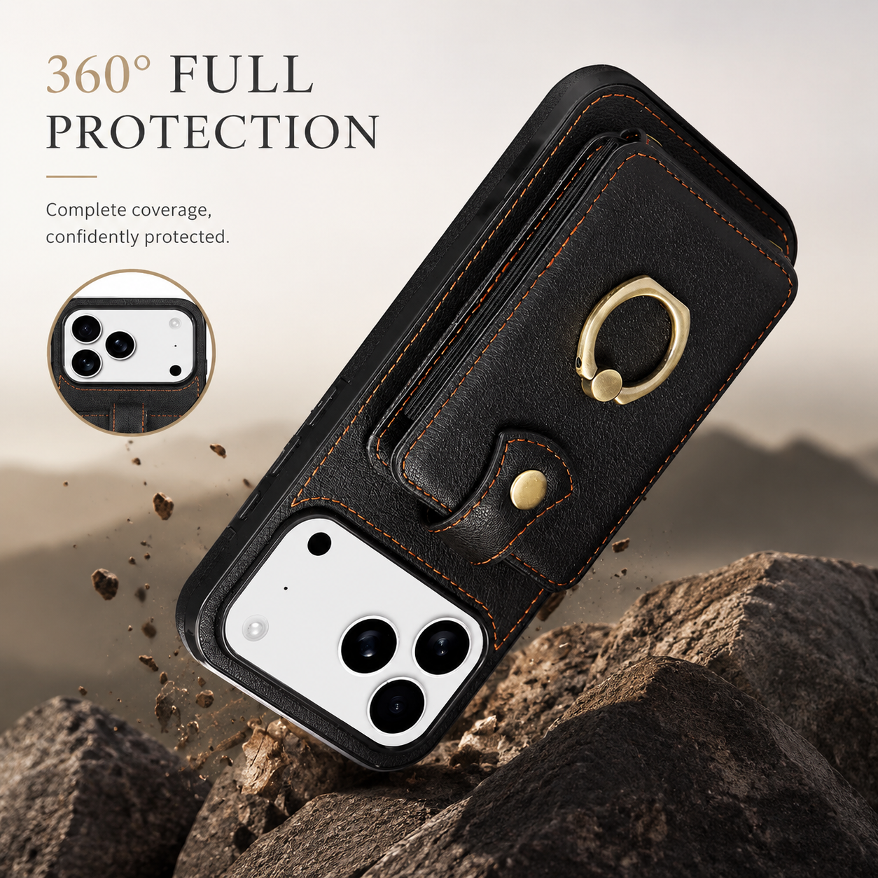 Premium iPhone Case Wallet Cover Card Holder RFID Blocking Ring Kickstand PU Leather Shockproof Protective Cover Anti Scratch Slim Full Protection