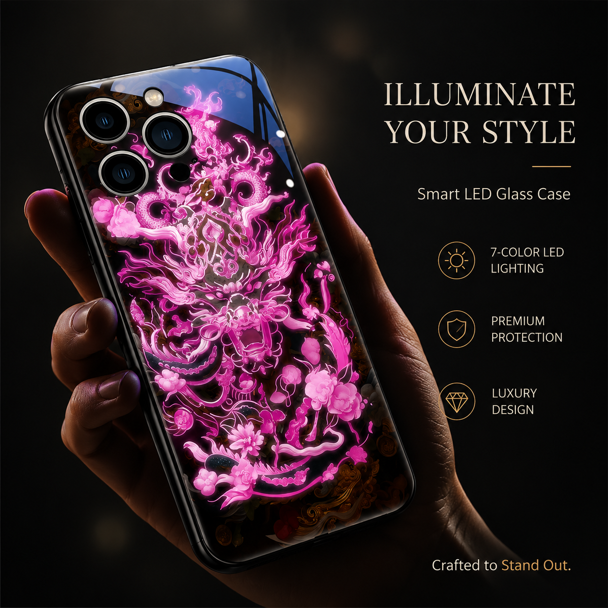 Premium iPhone Case LED Luminous Protective Cover Sound Reactive Tempered Glass Shockproof Camera Lens Protection Slim Full Coverage
