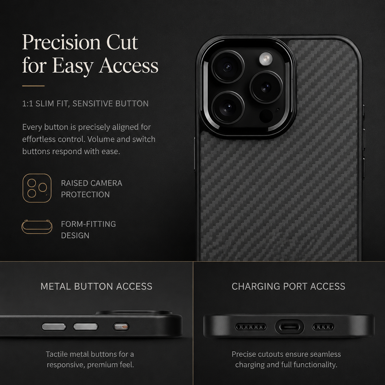 Premium iPhone Case Carbon Fiber Aramid Armor Cover Metal Frame Shockproof Full Coverage Anti Scratch Wireless Charging Slim Protective Design