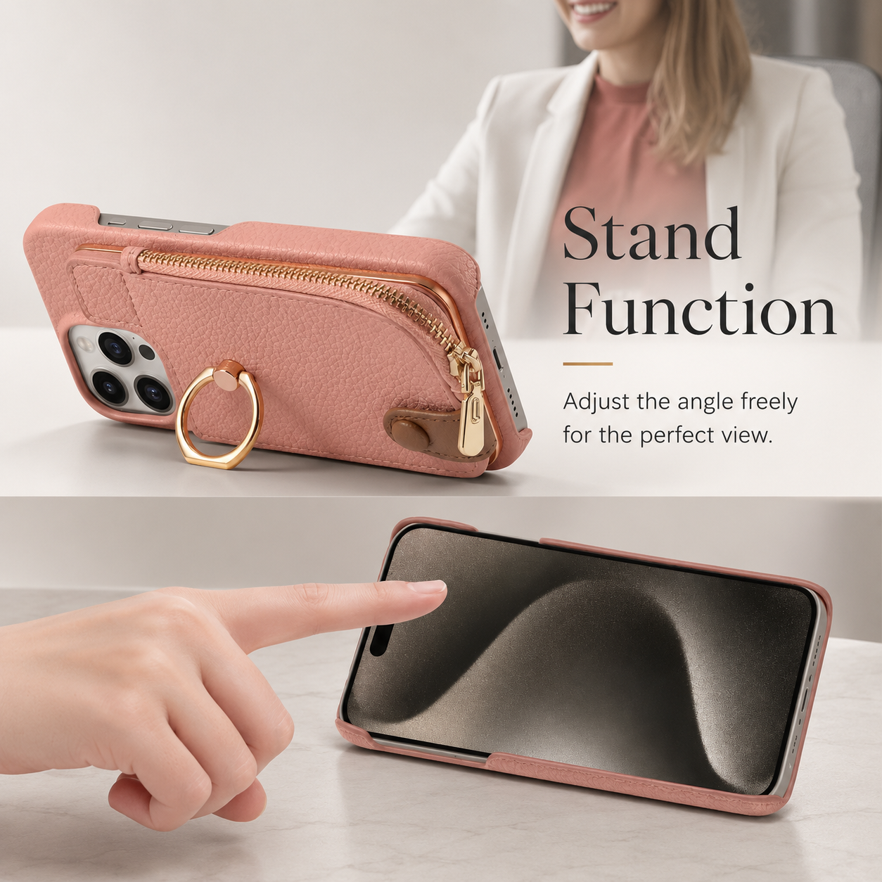 Premium iPhone Case Leather Zipper Wallet Cover MagSafe Compatible Card Holder Ring Kickstand Magnetic Closure Shockproof Camera Protection Full Coverage