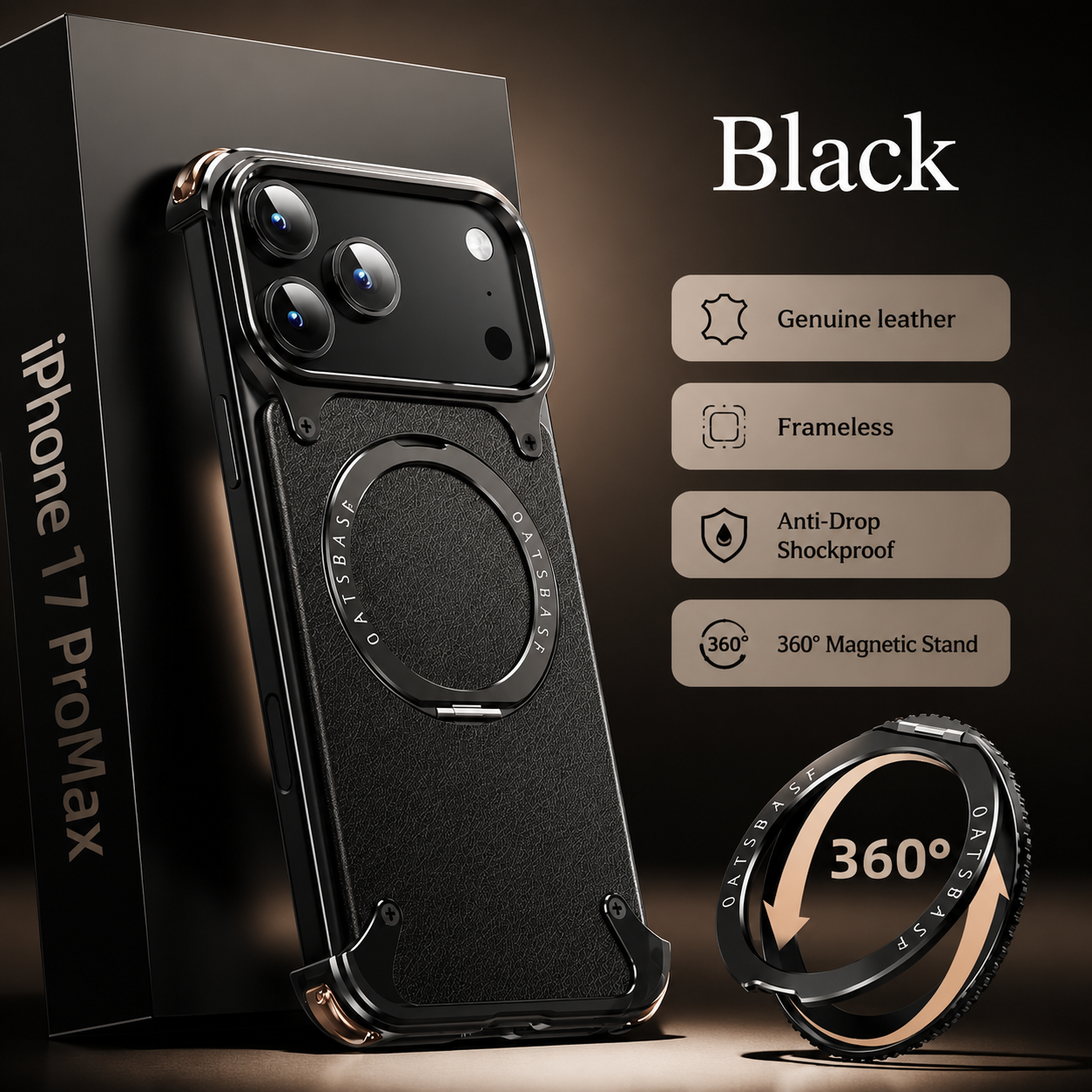 Premium iPhone Case Genuine Leather Magnetic Cover MagSafe Compatible Frameless Rotating Stand Ring Shockproof Anti Drop Protection Slim Profile
