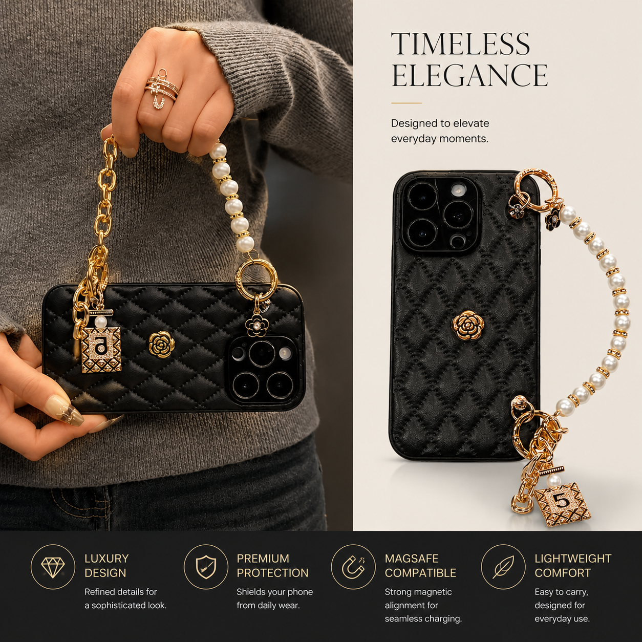 Premium iPhone Case 3D Camellia Floral Design Protective Cover Chain Strap Shockproof Slim Lightweight Elegant Full Coverage Luxury Fashion Case